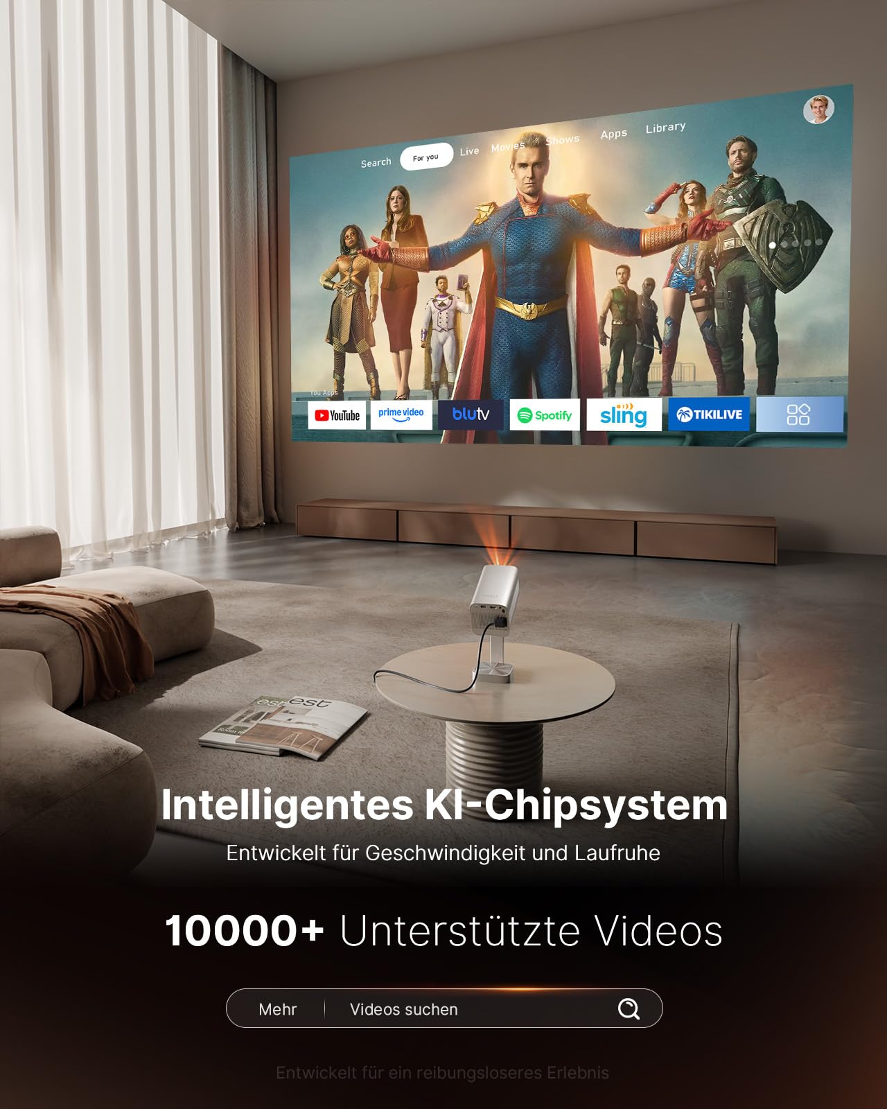 Smart Mini Beamer 4k Heimkino[Integrierte Netflix-App & 30000 Lumen] VOPLLS Verbesserte Version TOF Autofokus/Trapezkorrektur Projektor, WiFi6 Bluetooth FHD 1080P Beamer Outdoor für Handy/PC