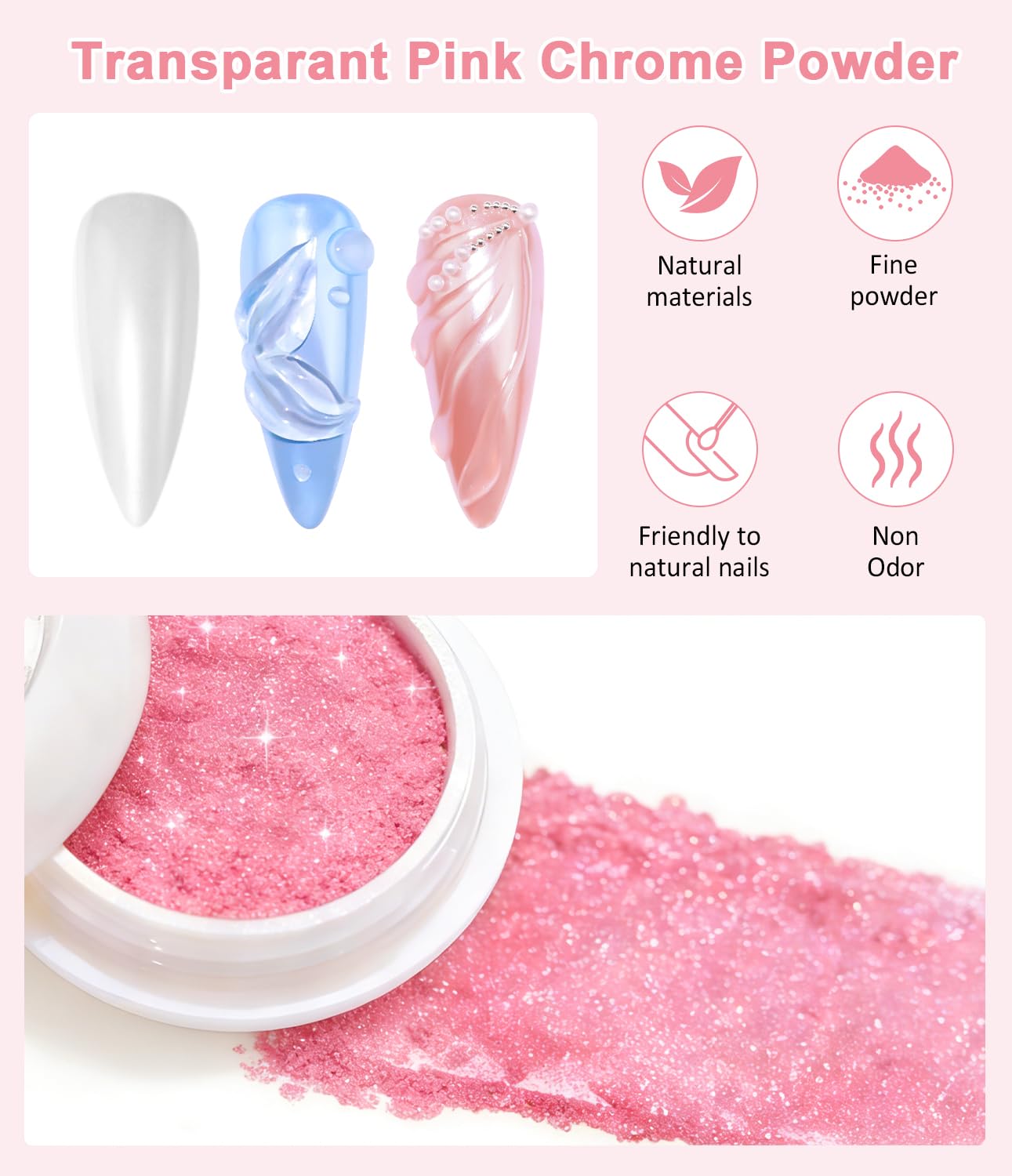 Poudre Chrome Ongle Nacrée - Rose Effet FéErique Poudre Ongle, Aurora Blanche Perle Chrome Ongle Effet Glace Transparente, Paillettes Ongles Effet Miroir Sirene Ongle, Nail Art DIY