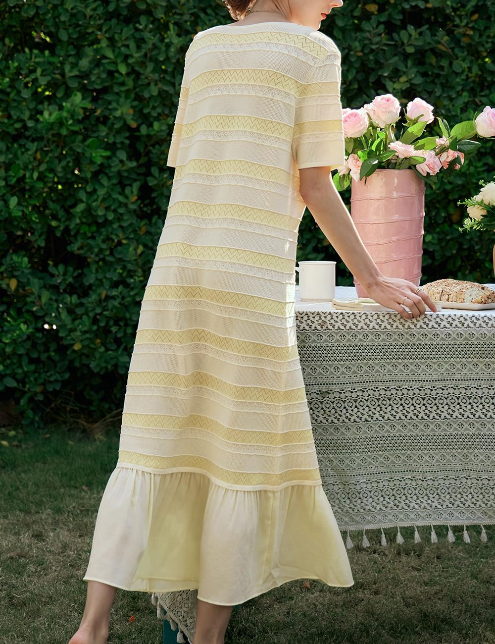 Women's Yellow Striped Knitted Long Dress, Round Neck Short Sleeves Spliced Hem Summer Casual Bohemia Midi Dress - Image 2