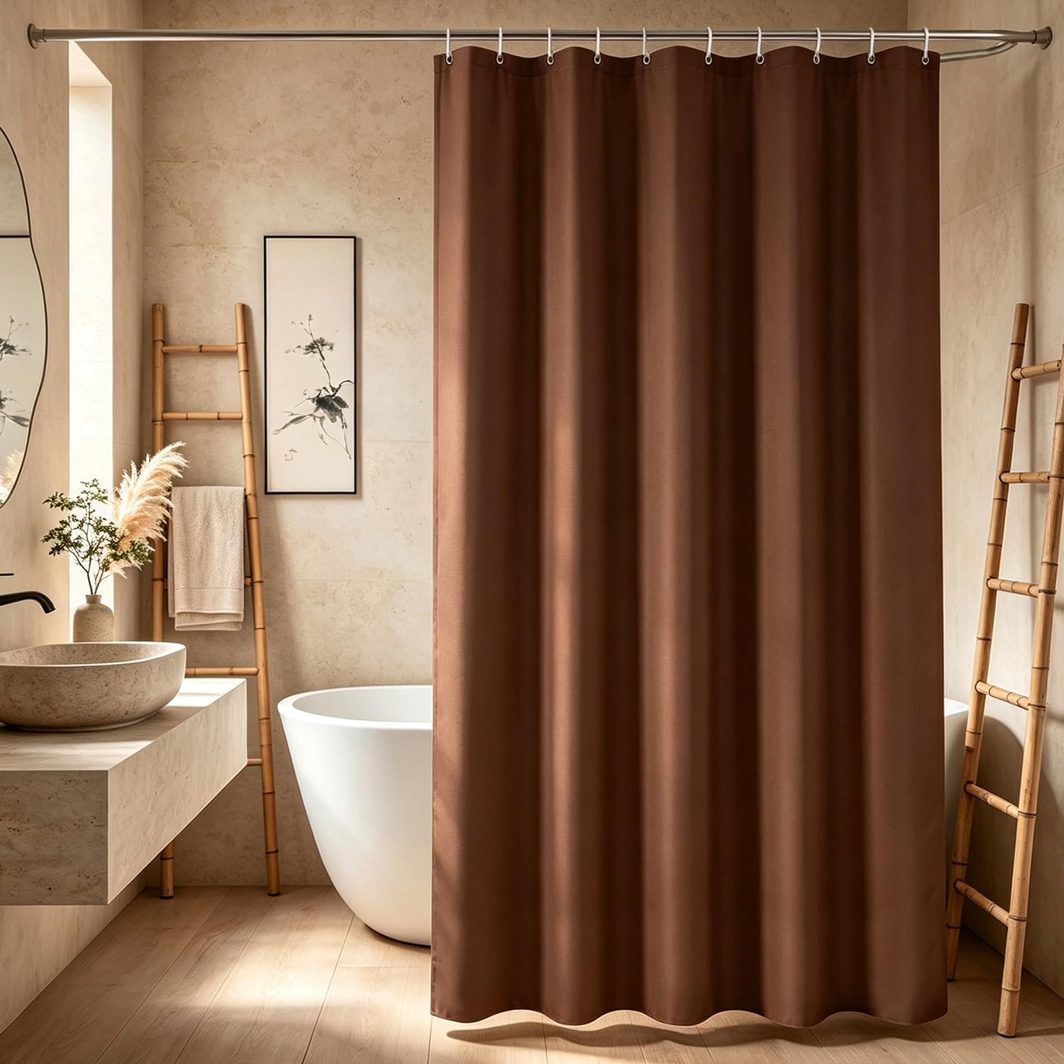 Lerores Shower Curtain, 100 x 200 cm, Brown, Weighted Hem, Anti-Mould Textile, Water-Repellent, Washable Polyester Fabric Bath Curtains for Bathroom, Bathtub with 12 Shower Curtain Rings