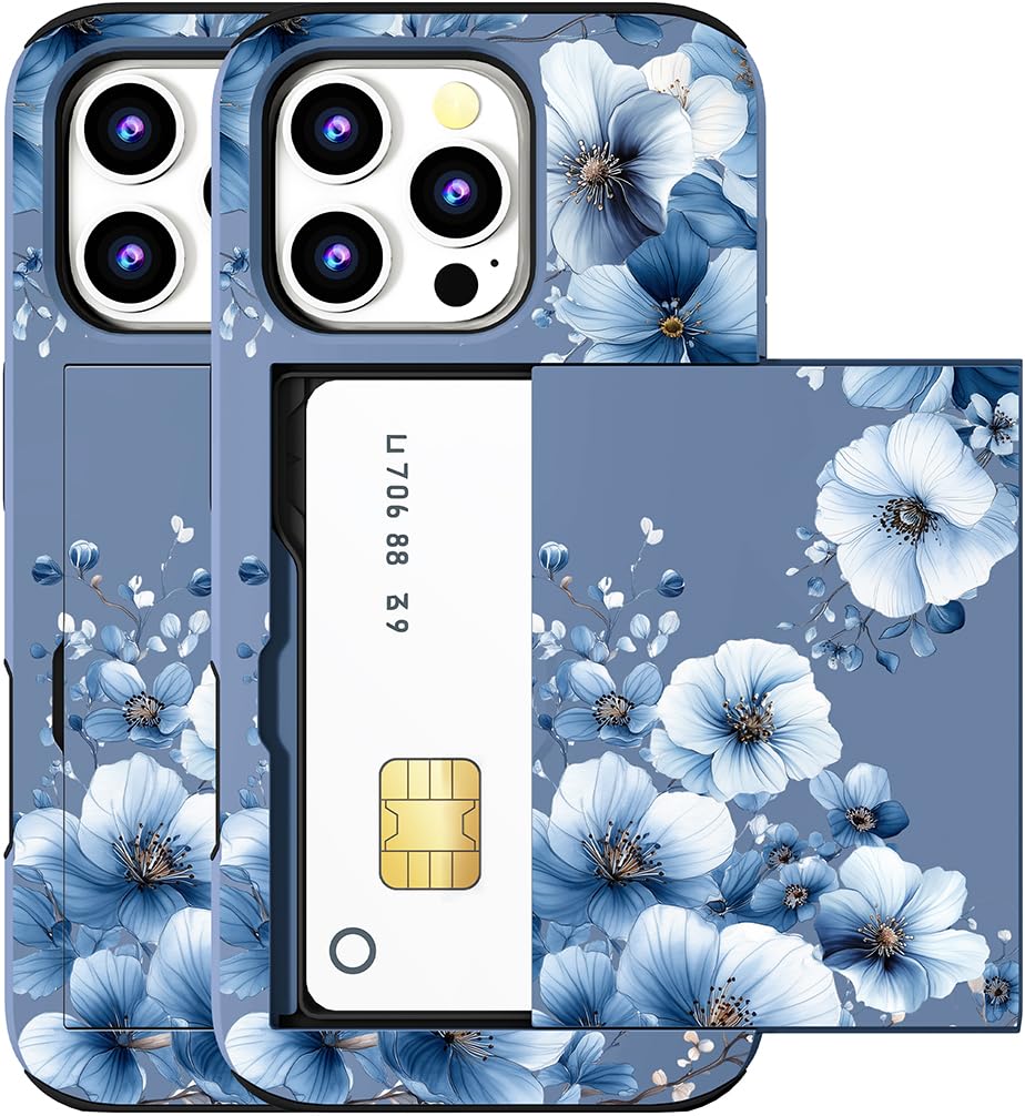 MUQR Compatible for iPhone 16 Pro Case with Card Holder Cute - Kawaii Design Military-Grade Drop Protection Rugged Wallet Cases for Women (Blue