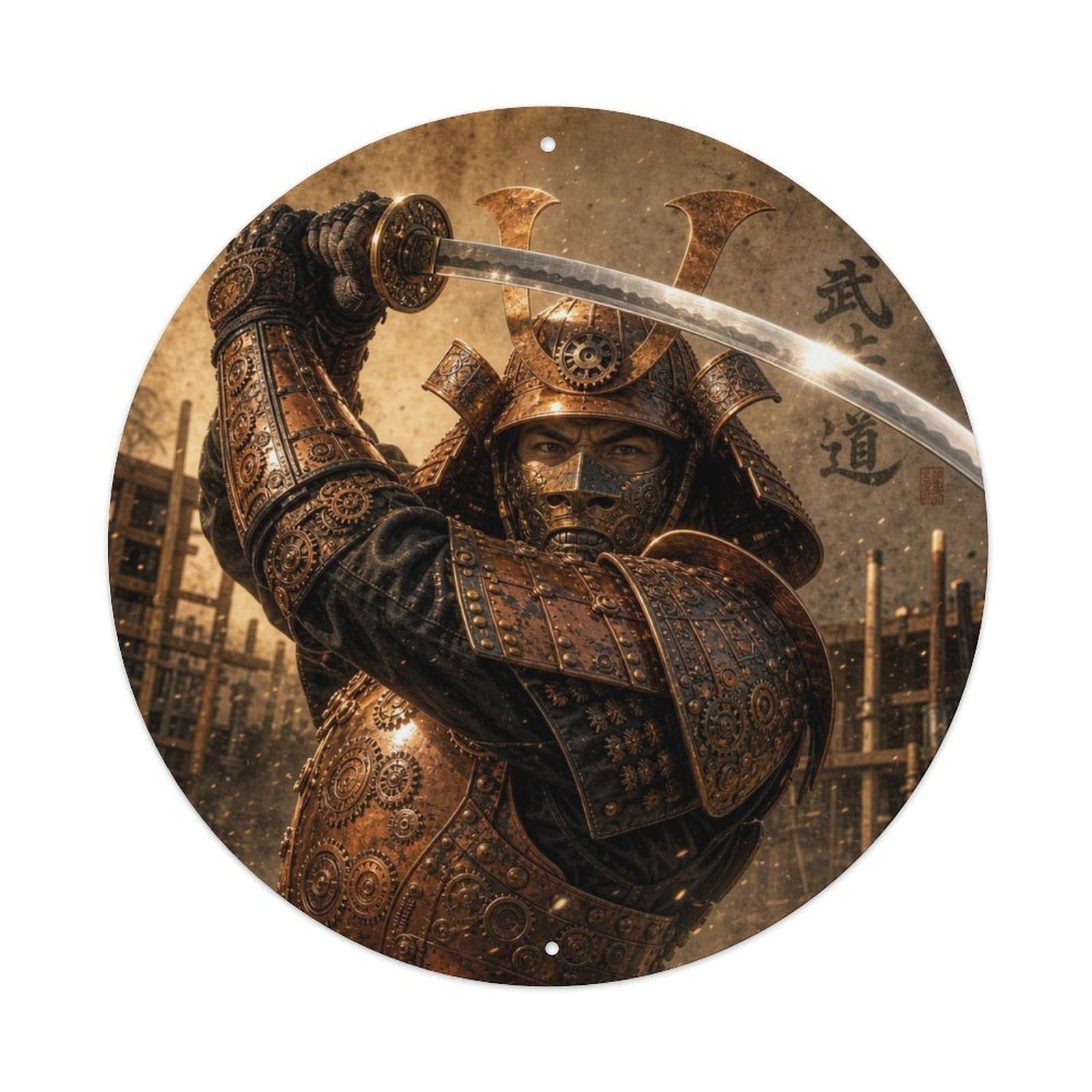 Okngb Style Copper Steel Upward Parry Motion Katana Spirit Label Metal Tin Sign Plaque Wall Decor For Cafe, Man Cave, Club Bar, Office, Home Garden Round Metal Poster 8X8inch