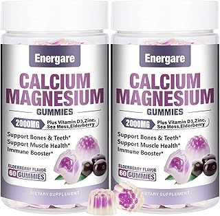 2 Packs Calcium Magnesium Zinc Filled Gummies with Vitamin D3, Sea Moss, Calcium Gummies for Bone, Muscles, Calm Mood Support, Supplements for Kids & Adults, Elderberry Flavor, 120cts