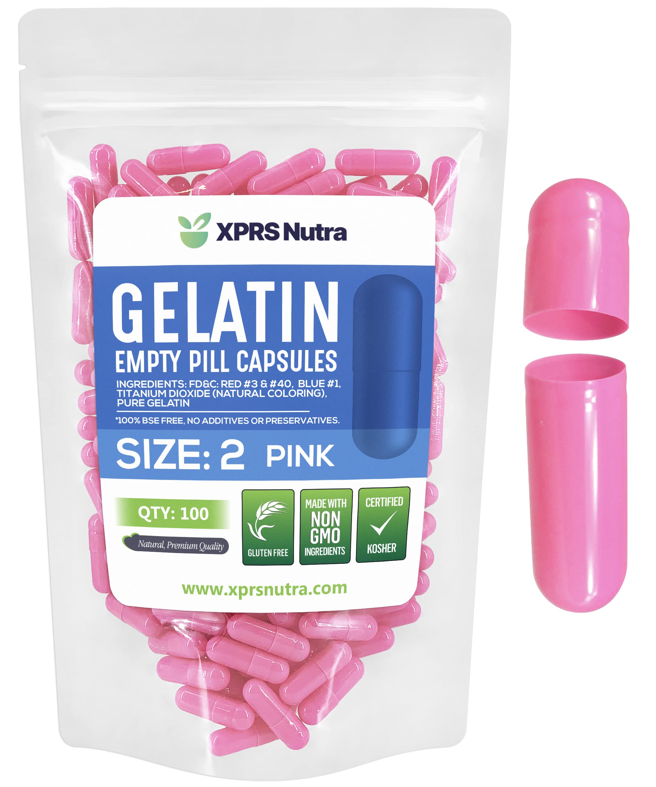 XPRS Nutra Size 2 Empty Capsules - 100 Count Empty Gelatin Capsules - Pills DIY Capsule Filling - Pure Bovine Pill Gel Caps for Do-It-Yourself Supplements (Pink) 100 Count (Pack of 1) Pink