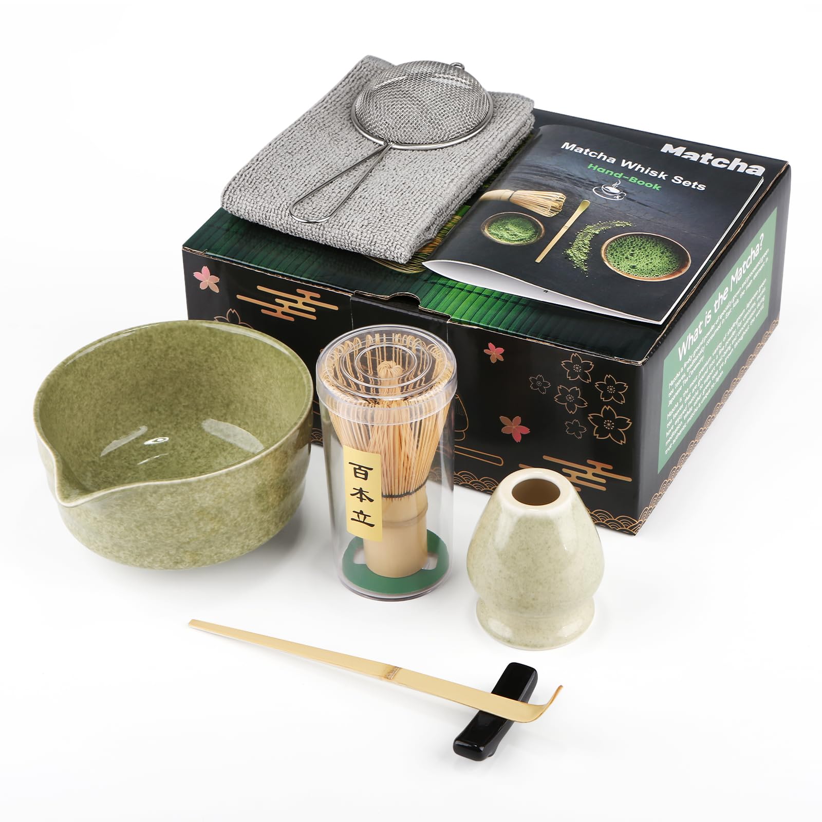 Matcha Set, 7 Teiliges Premium MatchaTea Sets mit Matcha Schale, Bambusbesen und Matcha-Löffel Filterlöffel, Matcha-Besenständer, Japanische Matcha-Tee-Set, Grün gesprenkelt