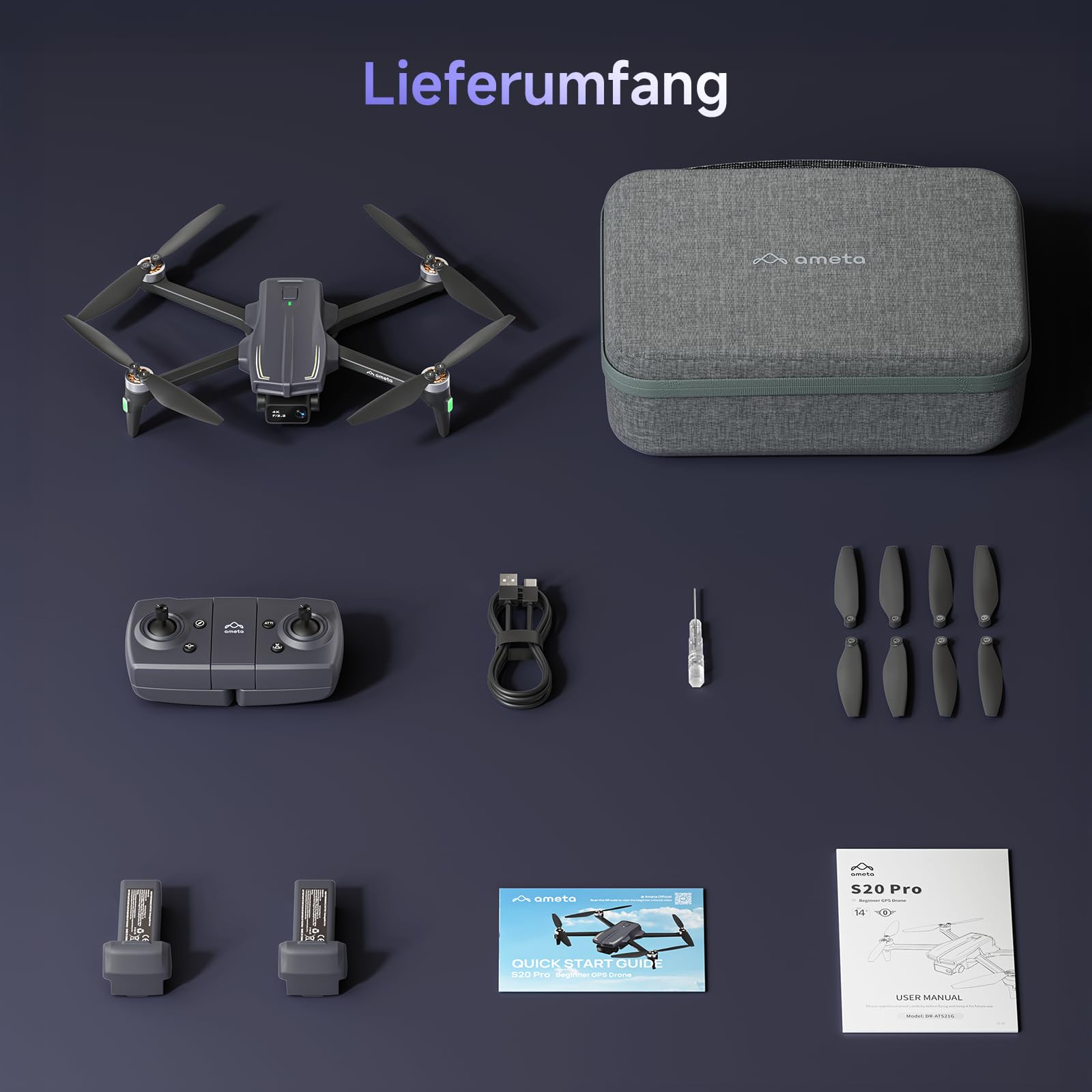Ameta Drohne mit Kamera 4K und GPS, S20 Pro Drone für Kinder und Erwachsene mit Auto Return/ 50 Minuten Flugzeit/Follow Me/Intelligenter Modus/Gestensteuerung, RC Quadrocopter Unter 249g