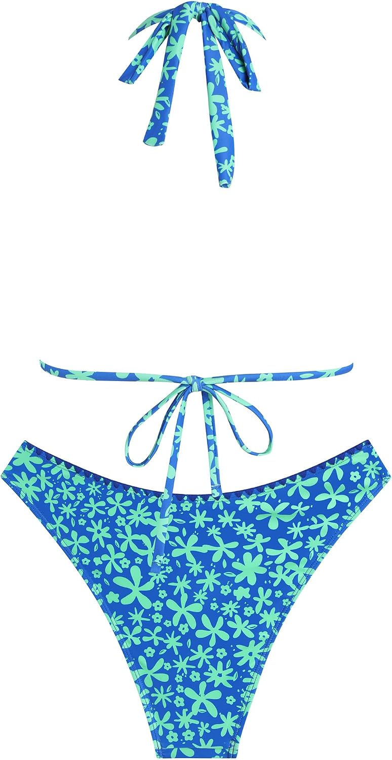  Women Halter Dual Straps Whip Stitch Floral Triangle Bikini Swimsuits | Color Block Whip Stitches Trim, Halter Dual Shoulder Straps, Popular Floral Print, Cheeky Bikini Bottom, Tie Back thumbnail