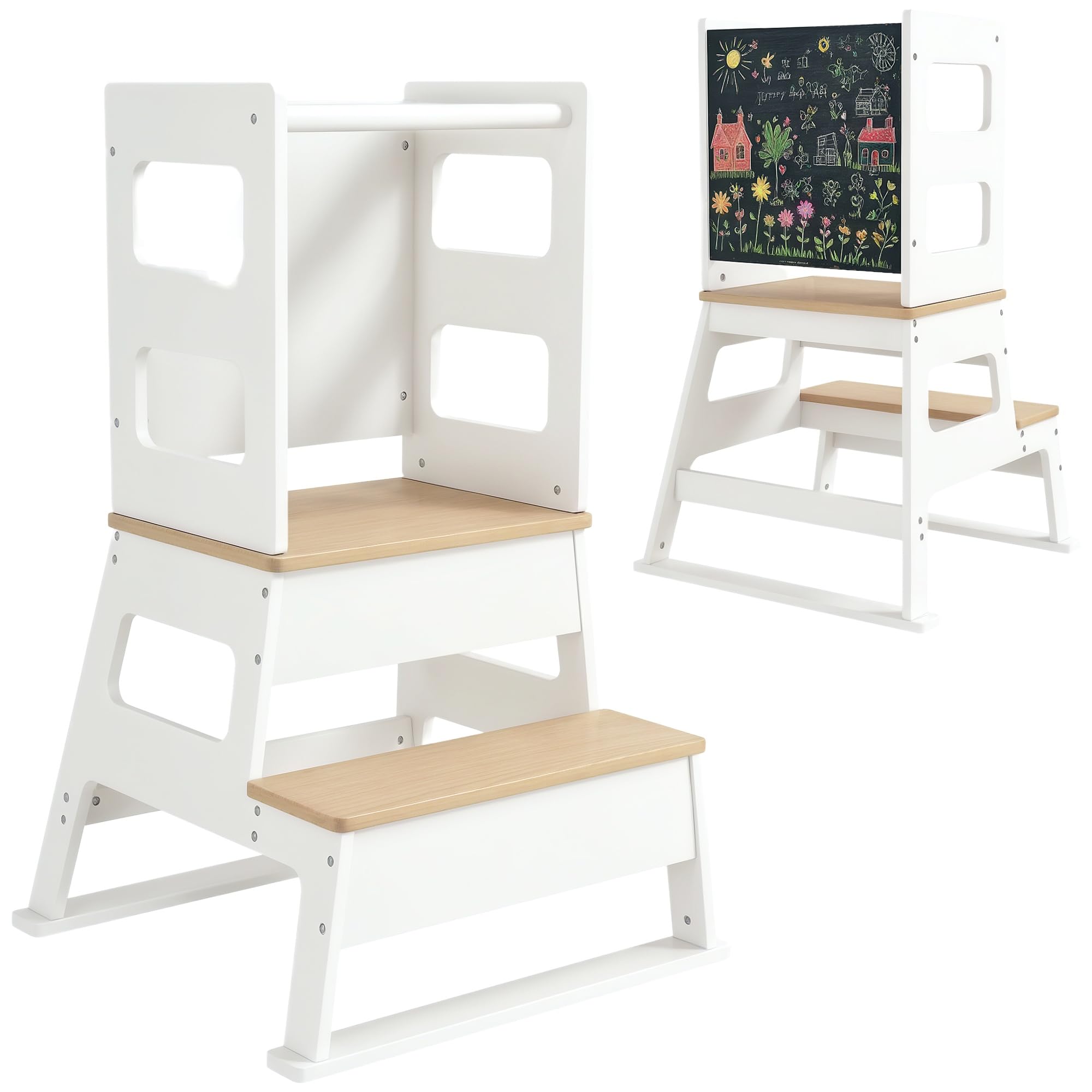 AIYAPLAY Toddler Tower with Chalkboard & Safety Rail - White - 2in