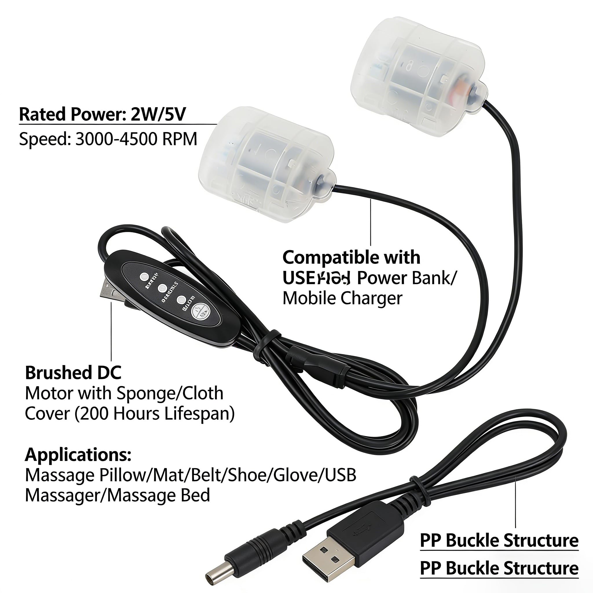 Hyuduo Moteur Vibrant USB 3 Vitesses pour Coussin Massage et Support Lombaire - Moteur Vibrant 5 V avec Câble 1,1 m Compatible Batterie Externe et Port USB