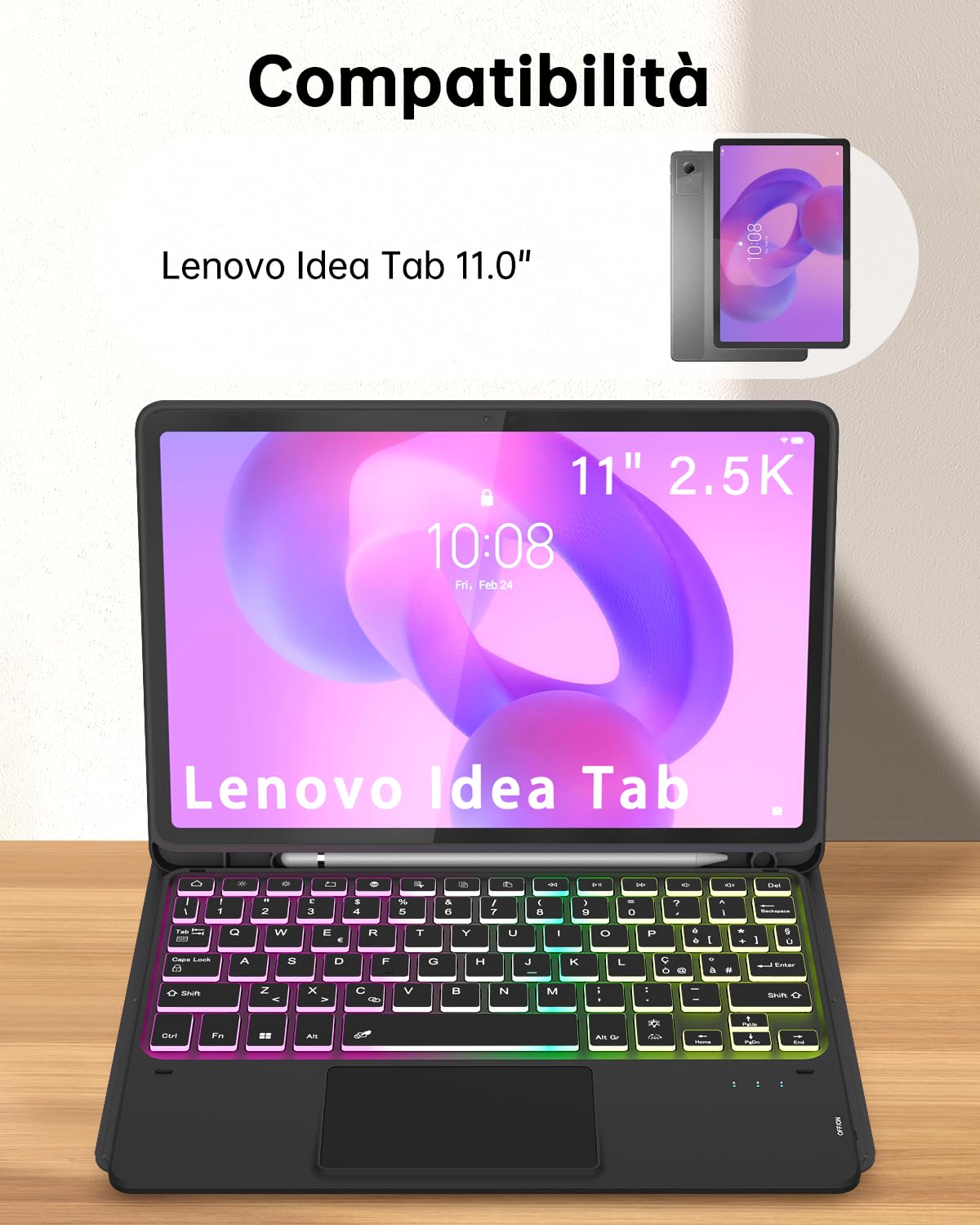 Custodia con Tastiera per Lenovo Idea Tab 11 Pollici Tablet 2025 (TB-336ZU/TB-336FU) : Tastiera retroilluminata Rainbow con touchpad intelligente,[Italiano],Cover Tastiera Rimovibile con Portapenne