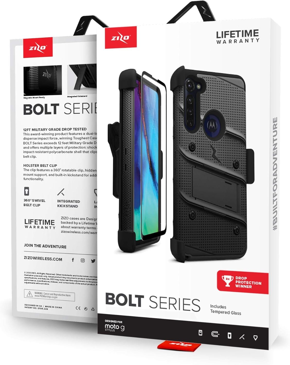 ZIZO Bolt Series for Moto G Stylus (2020) Case with Screen Protector Kickstand Holster Lanyard - Black & Black
