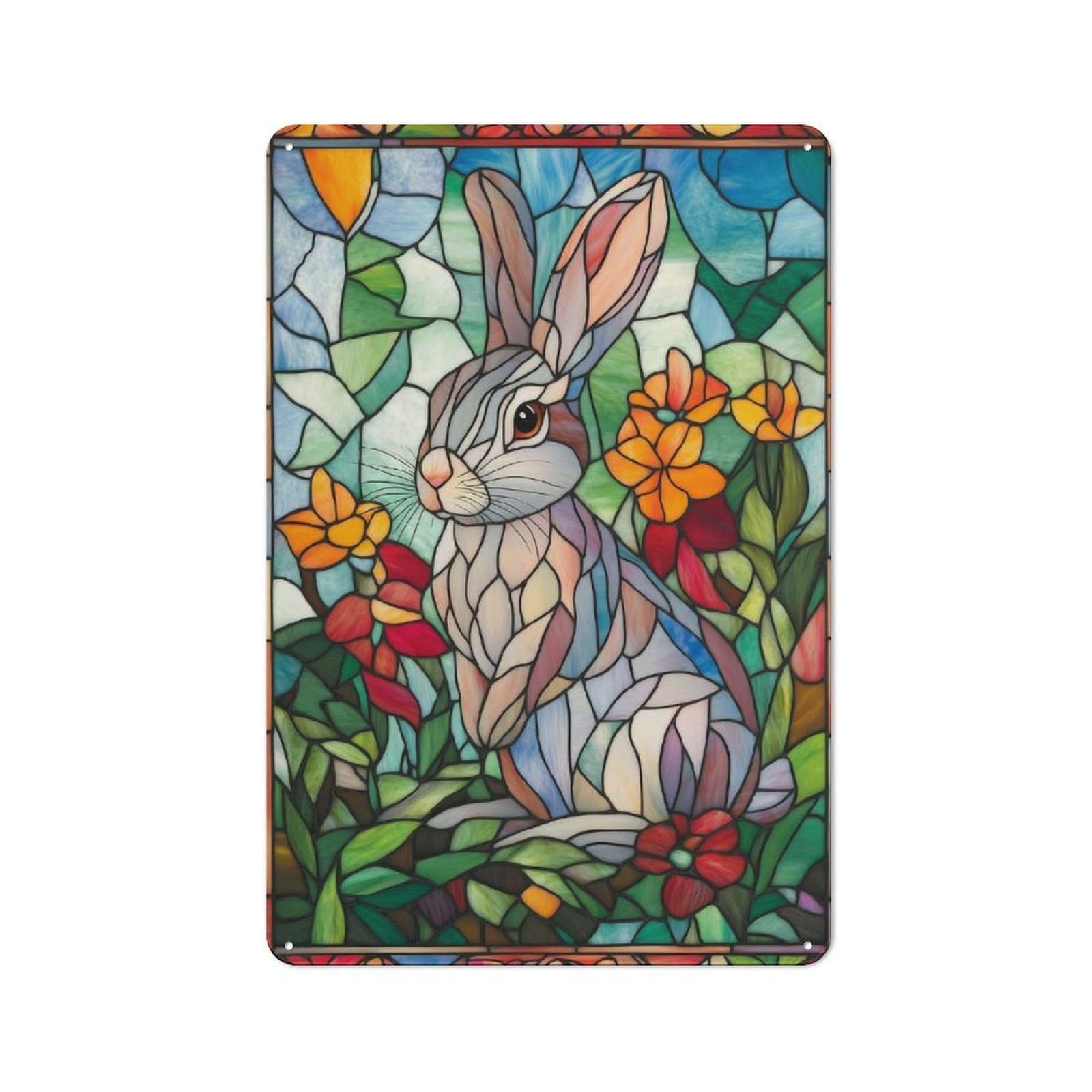 Junmoney Stained Glass Rabbit Industrial-Style Metal Sign 30X20cm For Home Bar Wall, Housewarming Wall Decor For People Furnishing Home Bar