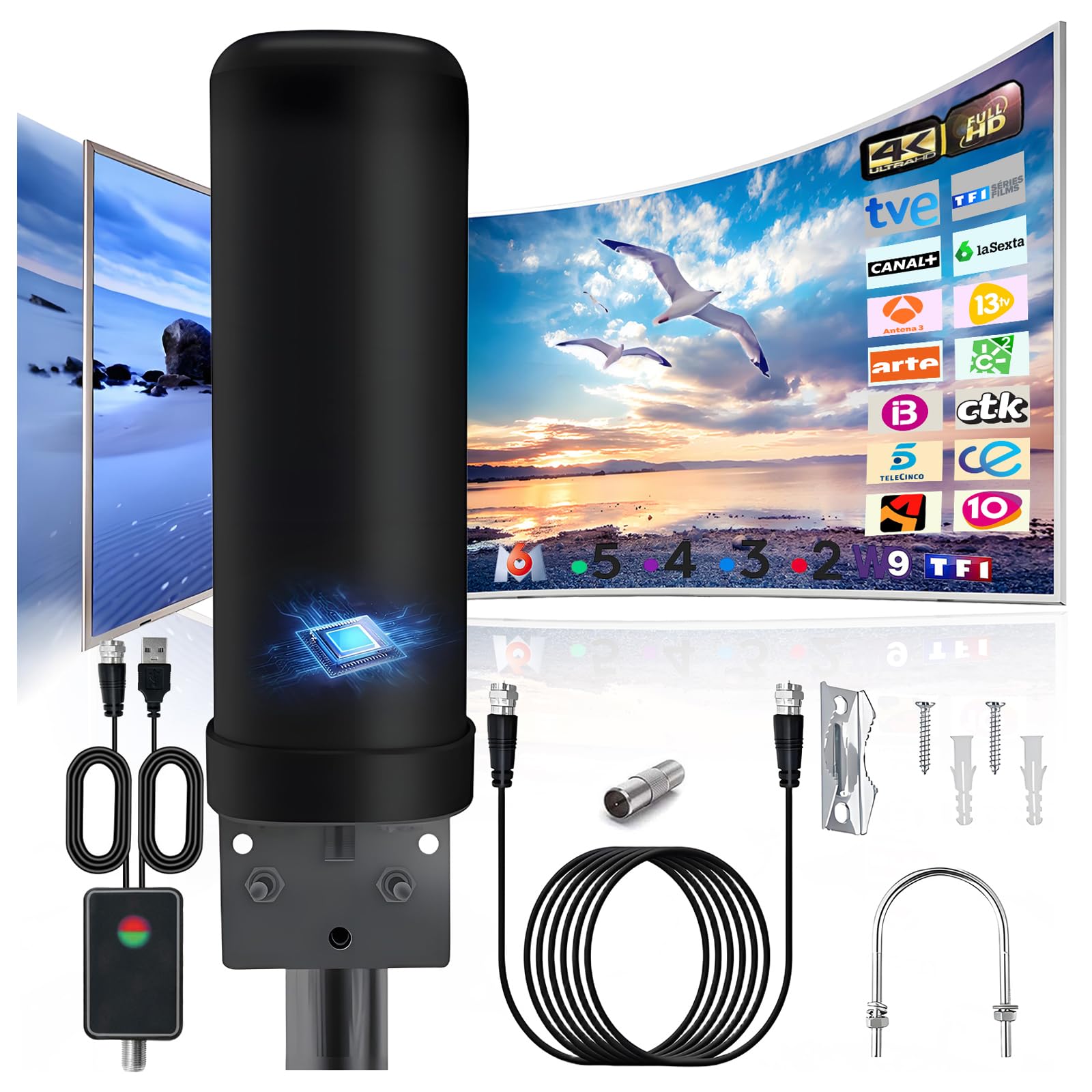 Antenna TV Digitale Antifulmine Ricezione 360° con Amplificatore, Cavo 13M | Interna Esterna, IP66 Impermeabile