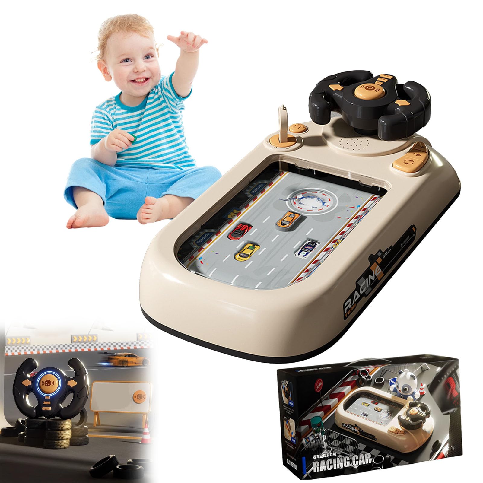 Racing Car Toy with Steering Wheel, Driving Simulator, Interactive Race Car Toy, Driving Racing Car Game with Sound, Simulation Driving Car Toy Steering Wheel for Kid Boys (White Charging)