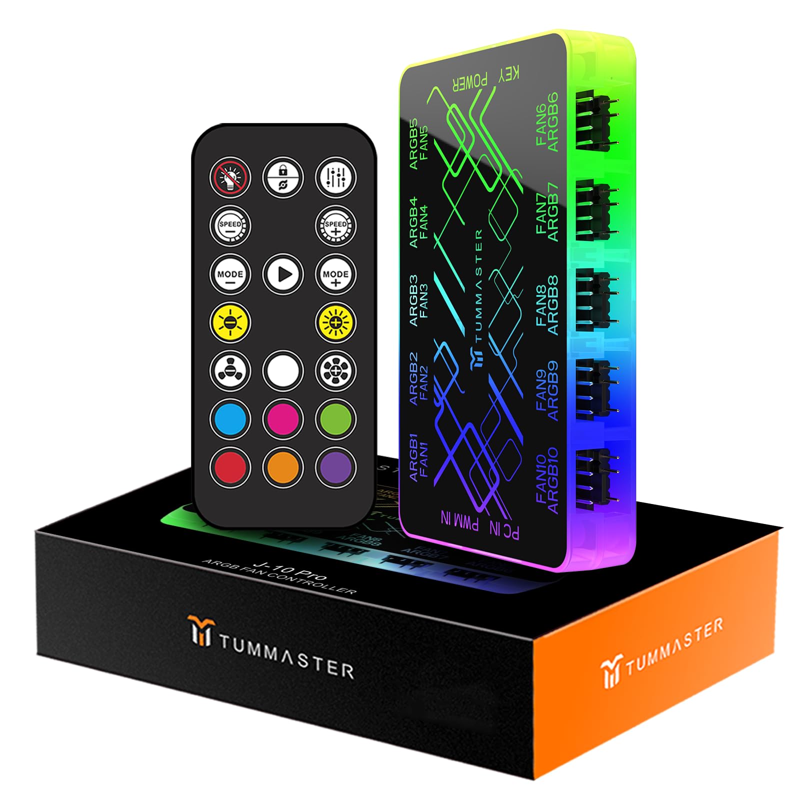 ARGB Fan HUB, 9/10 Port 4 Pin PC Fan Controller, 5V-3Pin LED Hub, Magnetic Suction, SATA Power Input,RF Remote & Chassis Key Control,Controller Support ARGB PWM Fans Splitter (J-10 Pro)