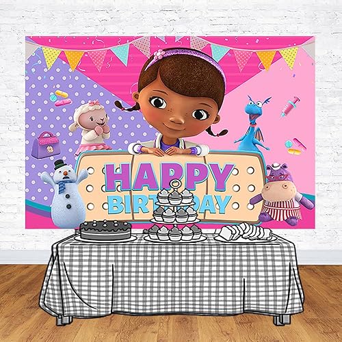 Miniatura 3 de Telón de fondo de niña doctora para suministros de fiesta de cumpleaños, fondos de fotos de Doc McStuffins con tema de cumpleaños para baby shower,