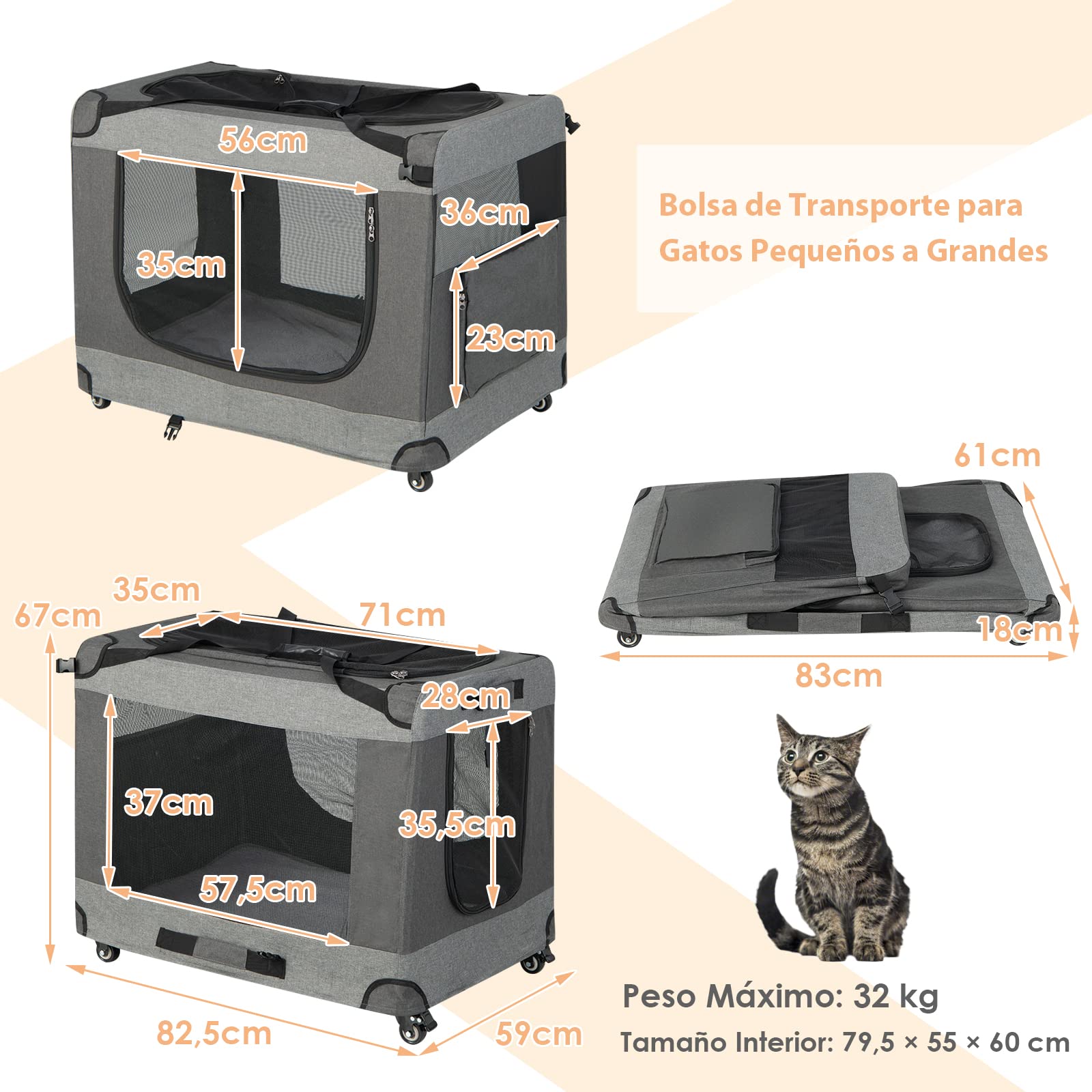COSTWAY Transportín con Ruedas para Mascotas, Caseta Plegable con Correa para el Hombro, Cojín Extraíble, Bolsa de Almacenamiento, 3 Entradas, Transportador de Mascotas, Gris, 82 x 59 x 67 cm