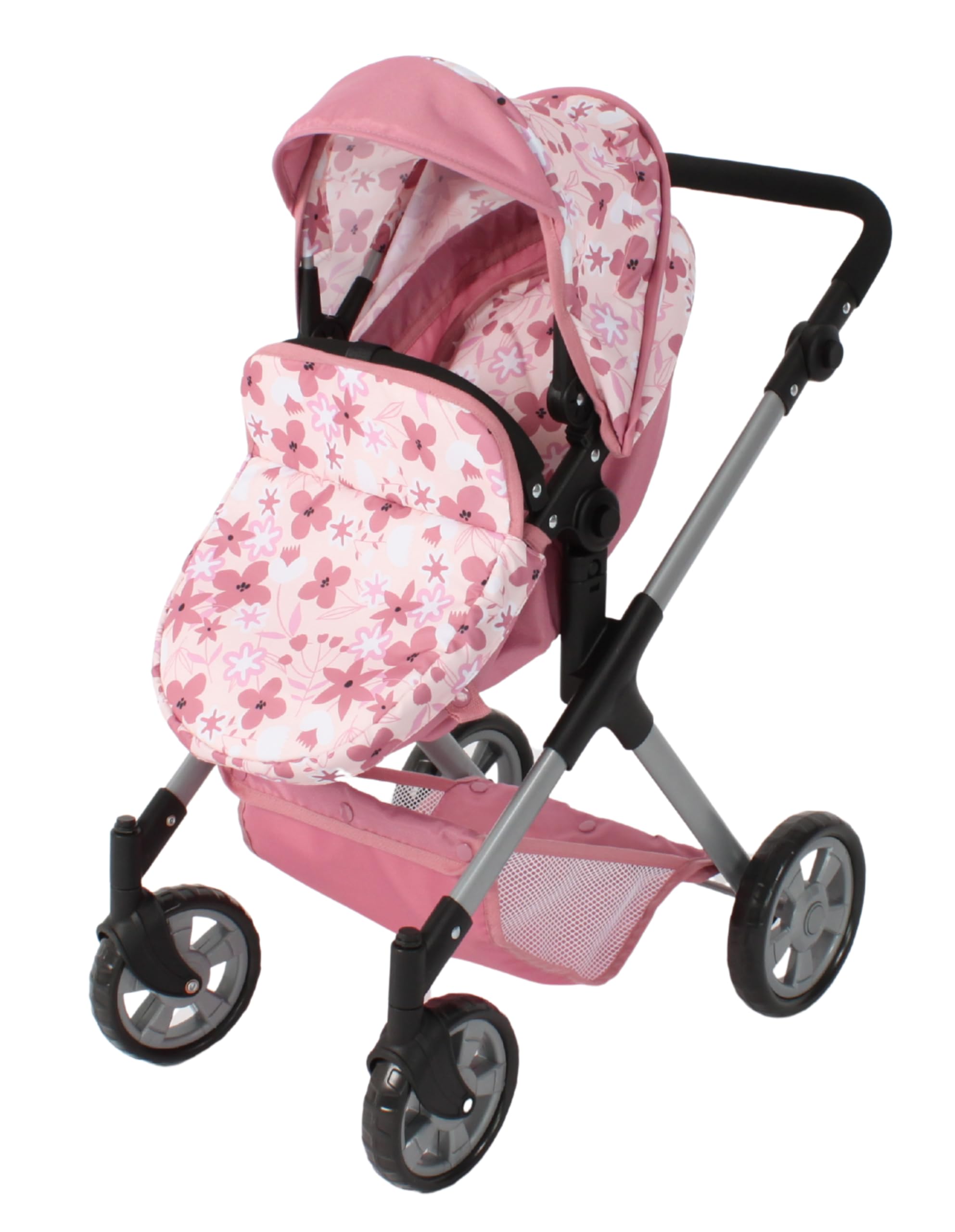 Bayer Chic 2000® 2 w 1 wózek dla lalek Mila – różowy kwiat – uchwyt z regulacją wysokości 39-72 cm – nowoczesny stelaż – lalki do 50 cm – 3-7 J.