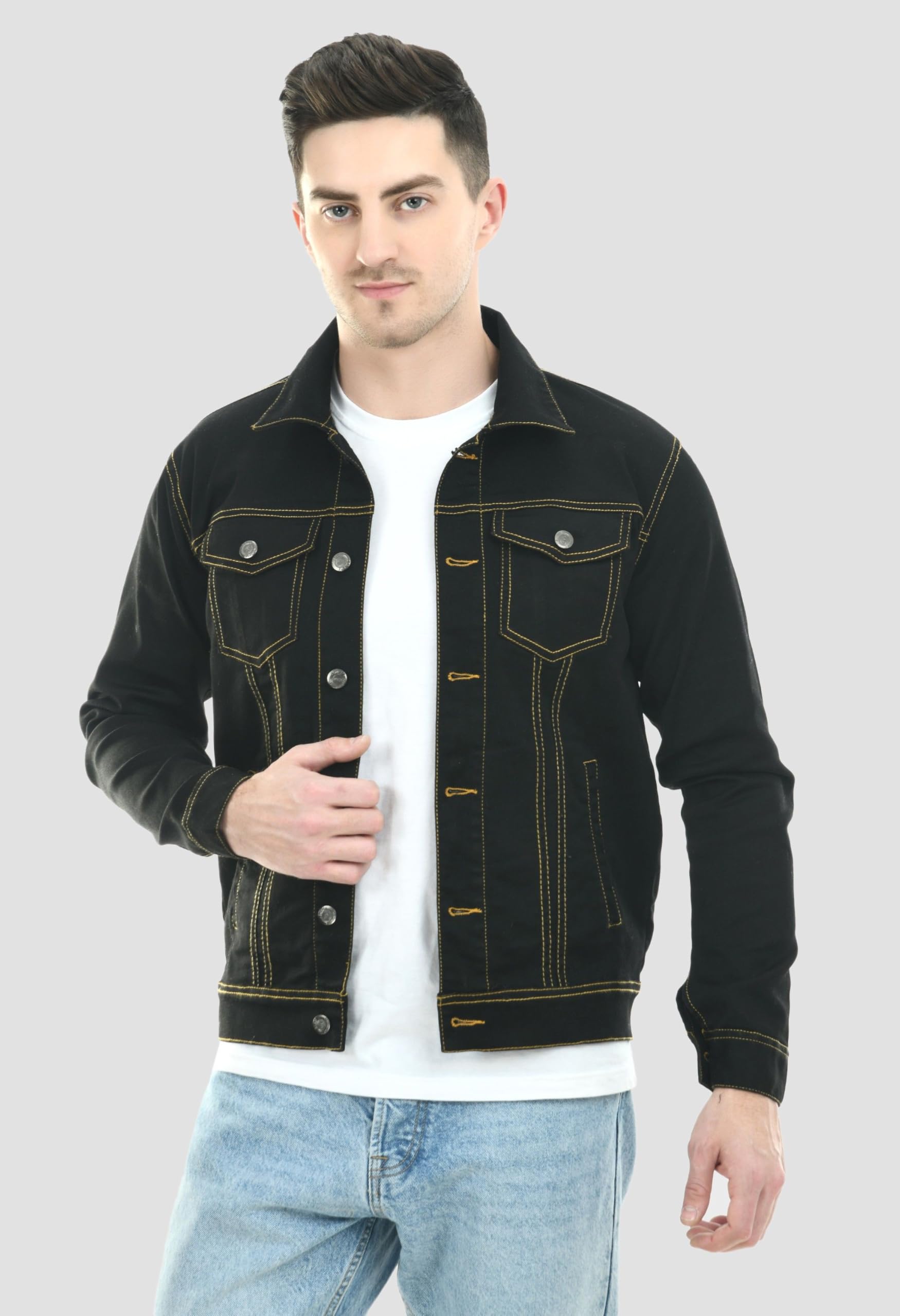 montrez Men Spread Collar Washed Lightweight Casual Denim Jacket (Black)-picture-14