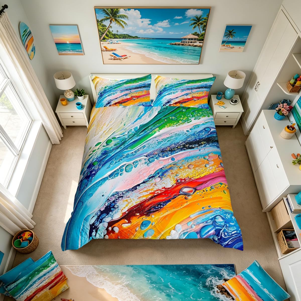 Homemissing Colorful Sea Waves Duvet Cover Set Single Size For Kids Boys Girls Teens Beach Theme Bedding Set Abstract Art Design Duvet Cover with 1 Pillowcase