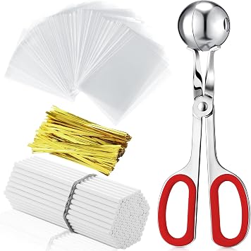 Yinkin Cake Pop Mold Sticks and Wrappers Cake Pop Kit Set Include 100 Parcel Bags 100 Papery Treat Sticks Metallic Twist Ties Scooper Ball Maker Lollipop Tools for Candy Chocolates and CookiesRed