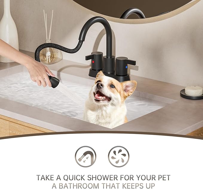 Phiestina Pull Down Sprayer Matte Black 4 Inch 3 Hole Bathroom Faucet,Centerset 2 Handle Pull Out Bathroom Sink Faucet with 360 Swivel Spout,Metal Pop-Up Drain and Water Supply Lines,BF04011-K01-MB