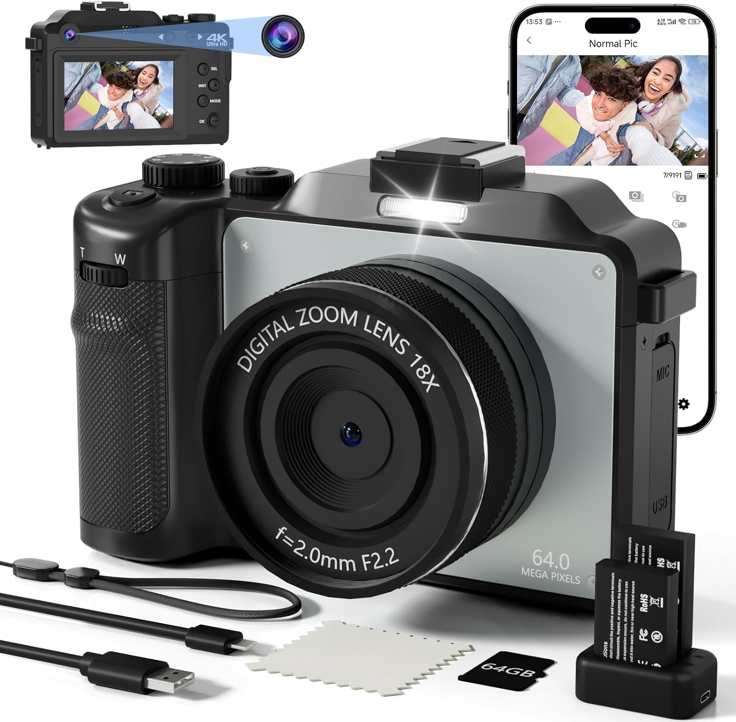4K 48MP WiFi Digital Camera with 3.0-inch Screen | 18X Optical Zoom  Dual Lens for Front/Rear Shooting | Compact Portable Camera for Vlogging, Travel | Includes 64GB TF Card
