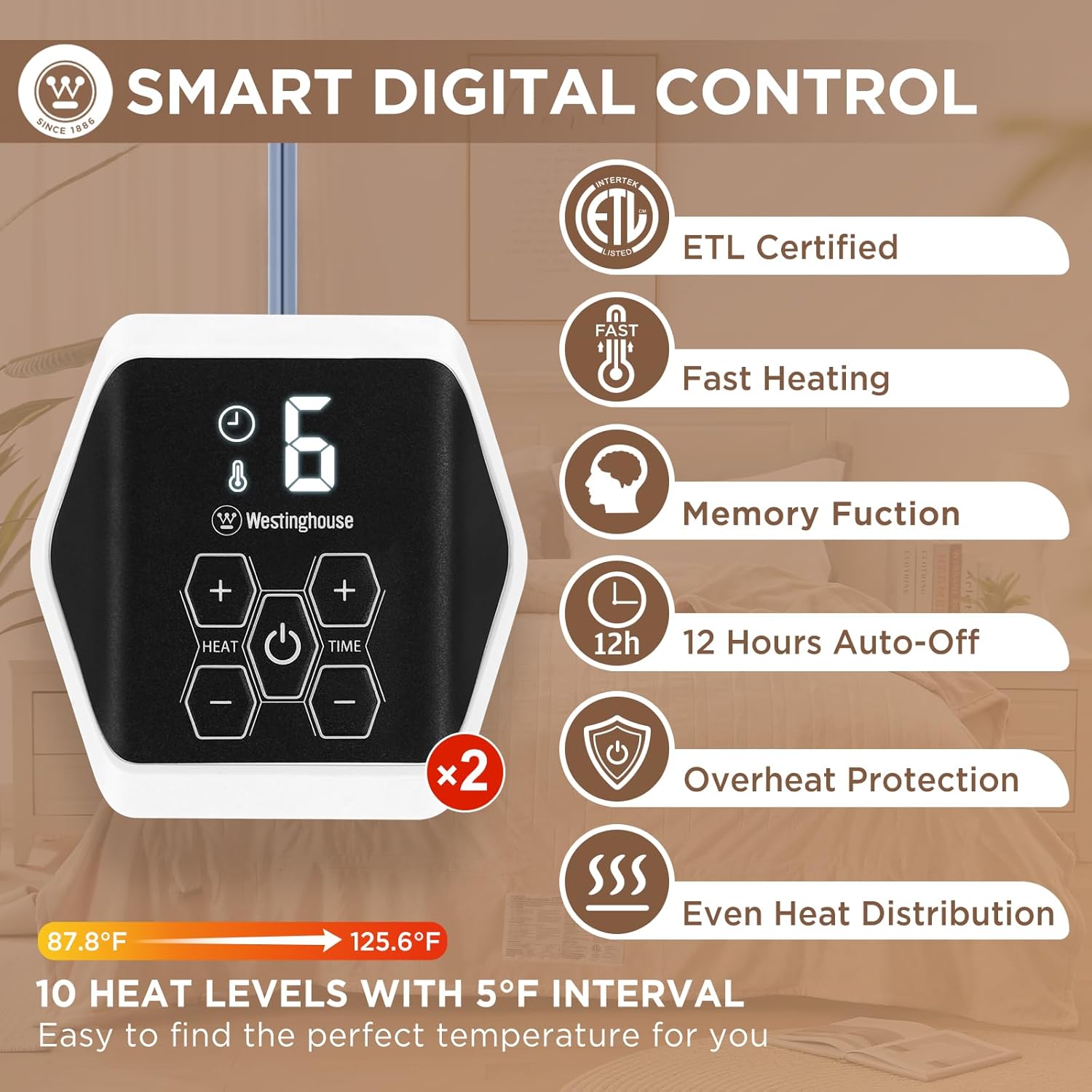 Westinghouse Queen Size Electric Heating Blanket, 10 Levels, Auto Shut Off, Fast Heating, Machine Washable (Queen, 84x90 Inches, Charcoal) - Image 2