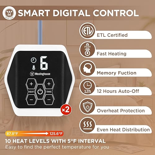 Miniatura 2 de Westinghouse Queen Size Electric Heating Blanket, 10 Levels, Auto Shut Off, Fast Heating, Machine Washable (Queen, 84x90 Inches, Charcoal)