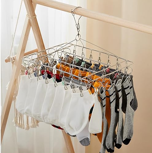 Miniatura 4 de JPORSHU Estante de secado de calcetines plegable de acero inoxidable con 46 clips, perchas de calcetines de metal con clips, gancho giratorio de 360