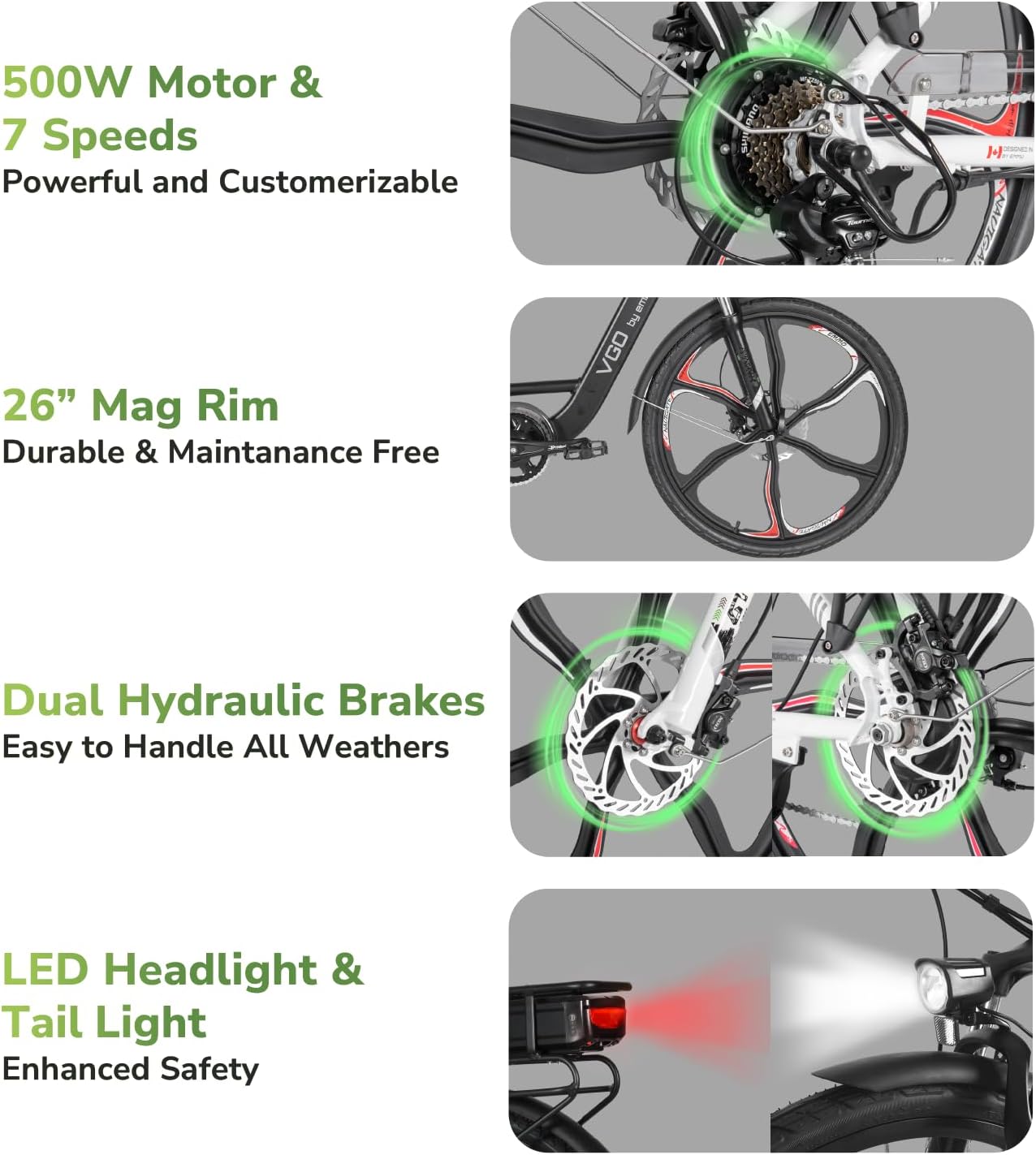 Four detailed images showing the 500W motor and 7-speed gears, 26 inch Mag Rim, dual hydraulic disc brakes, and the LED headlight and tail light of the EMMO Vgo E Bike.