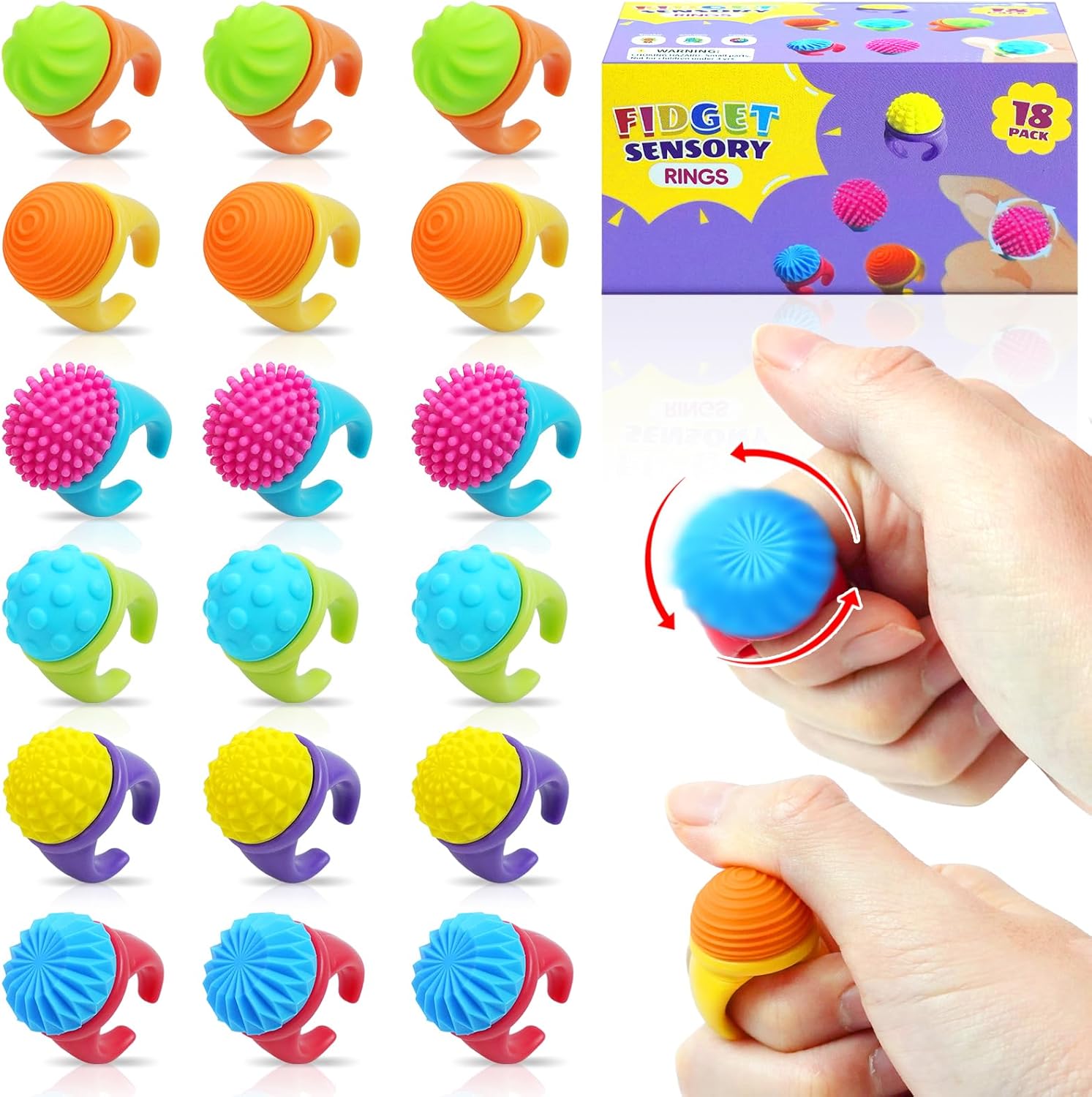 Fidget Rings Sensory Toys 18 Pack - Anxiety & Stress Relief Textured Spinner Rings, Sensory Fidget Toys for Teens & Adults with Autism, ADHD, Special Needs - Bulk Classroom Prizes, Stocking Stuffers