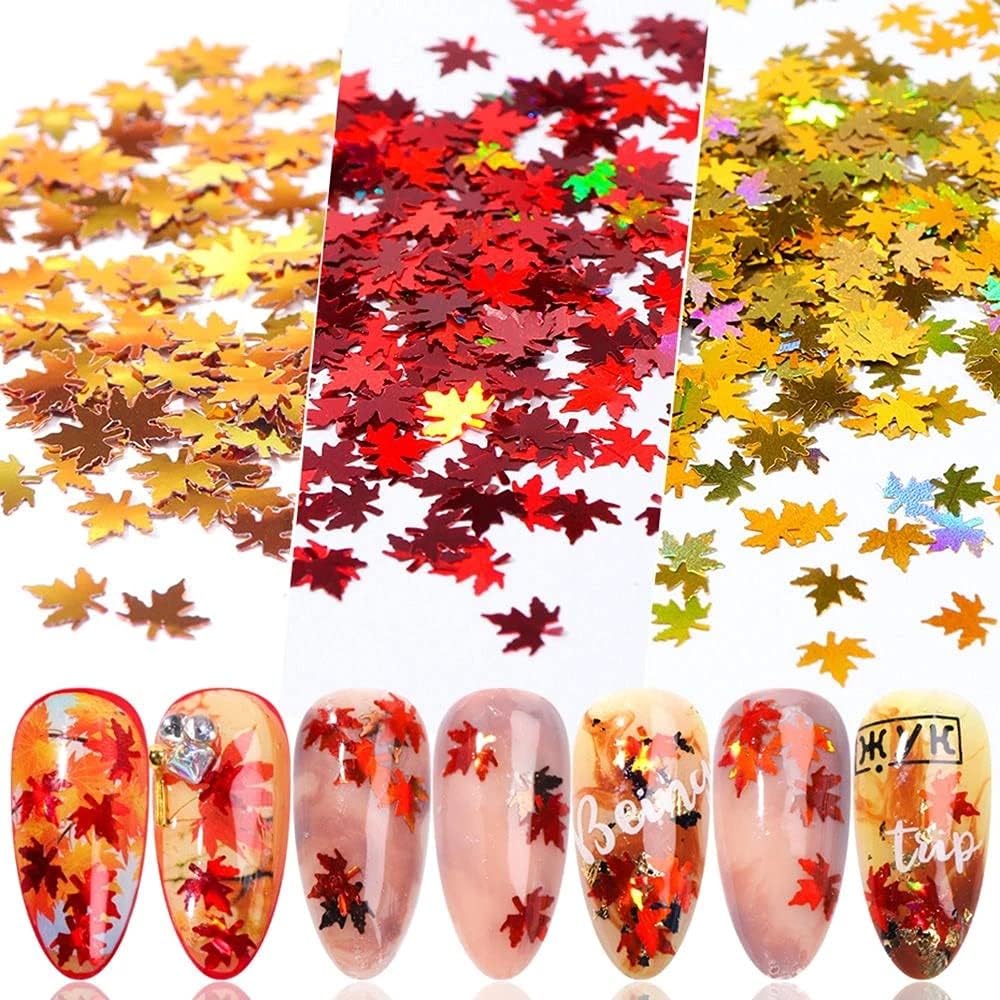 Fall Leaf Glitter Nail Sequins, 24 Colors Holographic Maple Leaf Nail Art Flakes Orange Gold Red Autumn Leaf Glitter Sticker Decals Manicure DIY Thanksgiving Decorations : Beauty & Personal Care