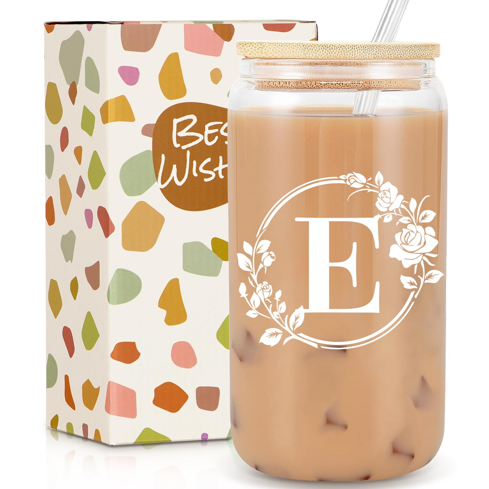 Frerdui Birthday Gifts for Women, Monogrammed Initial Glass Cup Personalized Gifts for Women, 16oz Glass Cups with Lids and Straws, Iced Coffee Cup,