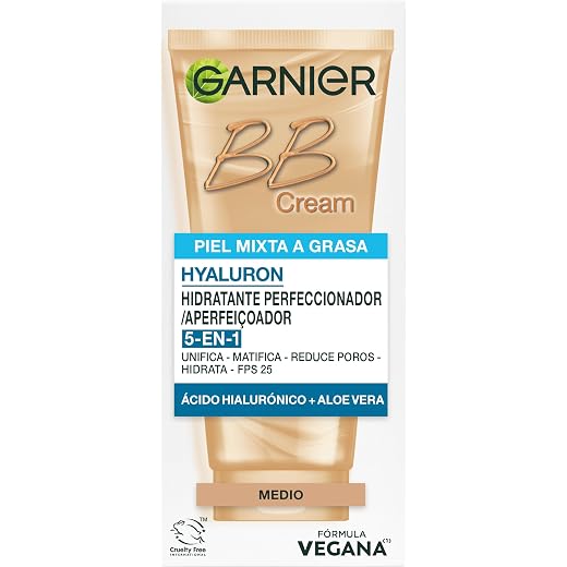 Garnier Bb Cream Matificante Para Pieles Mixtas A Grasas, Con Spf 25, Ãcido Hialuróico, Extracto De Aloe Vera Y Pigmentos Minerales, Hidrata, Unifica, Corrige E Ilumina 50 Ml- Tono Medio