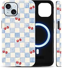 Cute Blue Checkered Cherry Phone Case for iPhone 15 6.1" | Compatible with MagSafe, Aesthetic Gingham Plaid Design Phone Cover 2 in 1 Shockproof Protective Magnetic Case for Women Girl