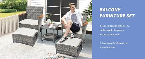 Miniatura 8 de Juego de 5 muebles de patio al aire libre con mesa y otomana para exteriores, juego de patio de mimbre bistró (mimbre gris y cojín básico, 5 piezas,