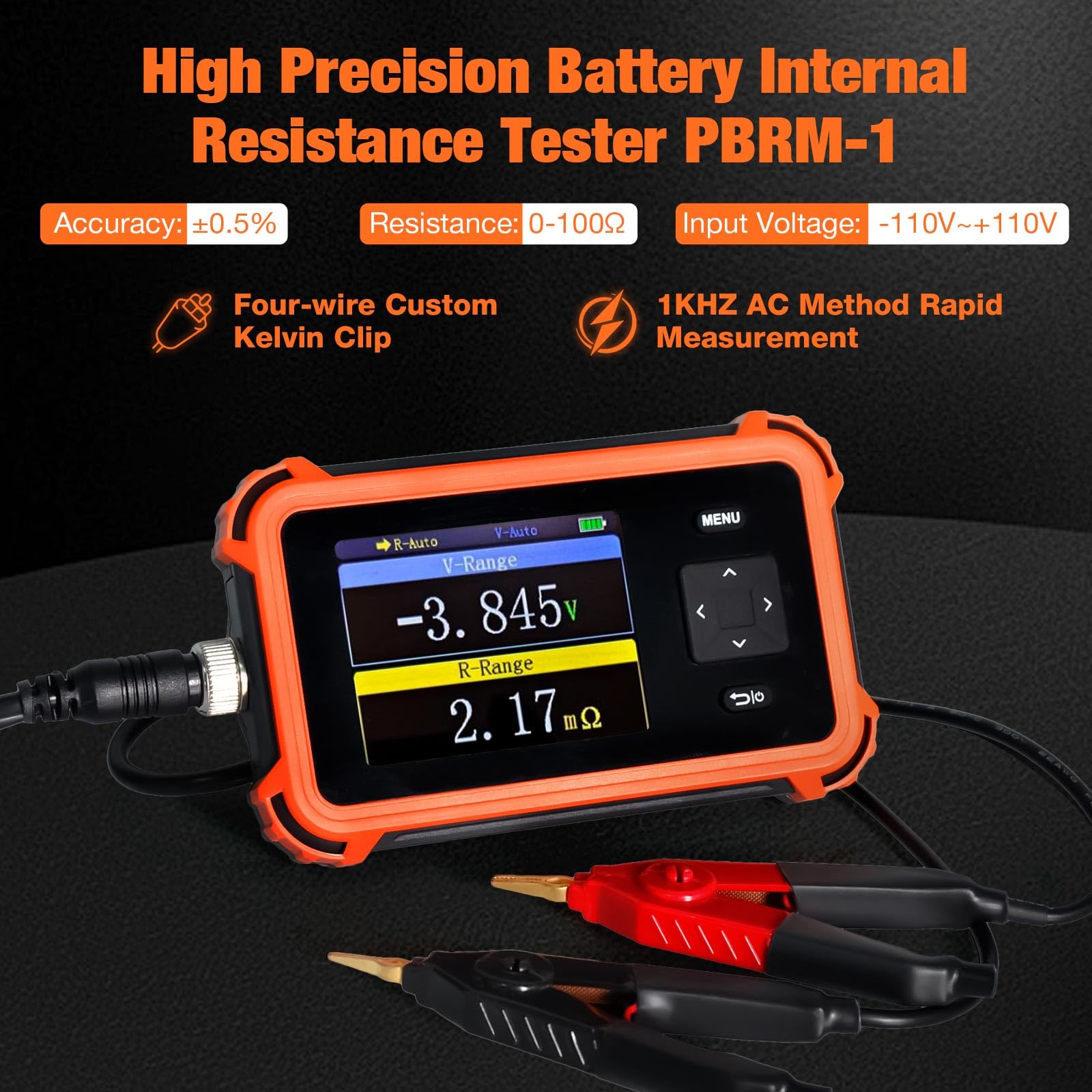 Batterie-Innenwiderstandsmessgerät PBRM-1 mit 4-Draht-Kelvin-Klemmen, 110 V, 100 Ω, 1 kHz Wechselstrom, Tragbares 2,8-Zoll-TFT-Display-Voltmeter, Sortiermodus für Haushalts-/Autobatterietester