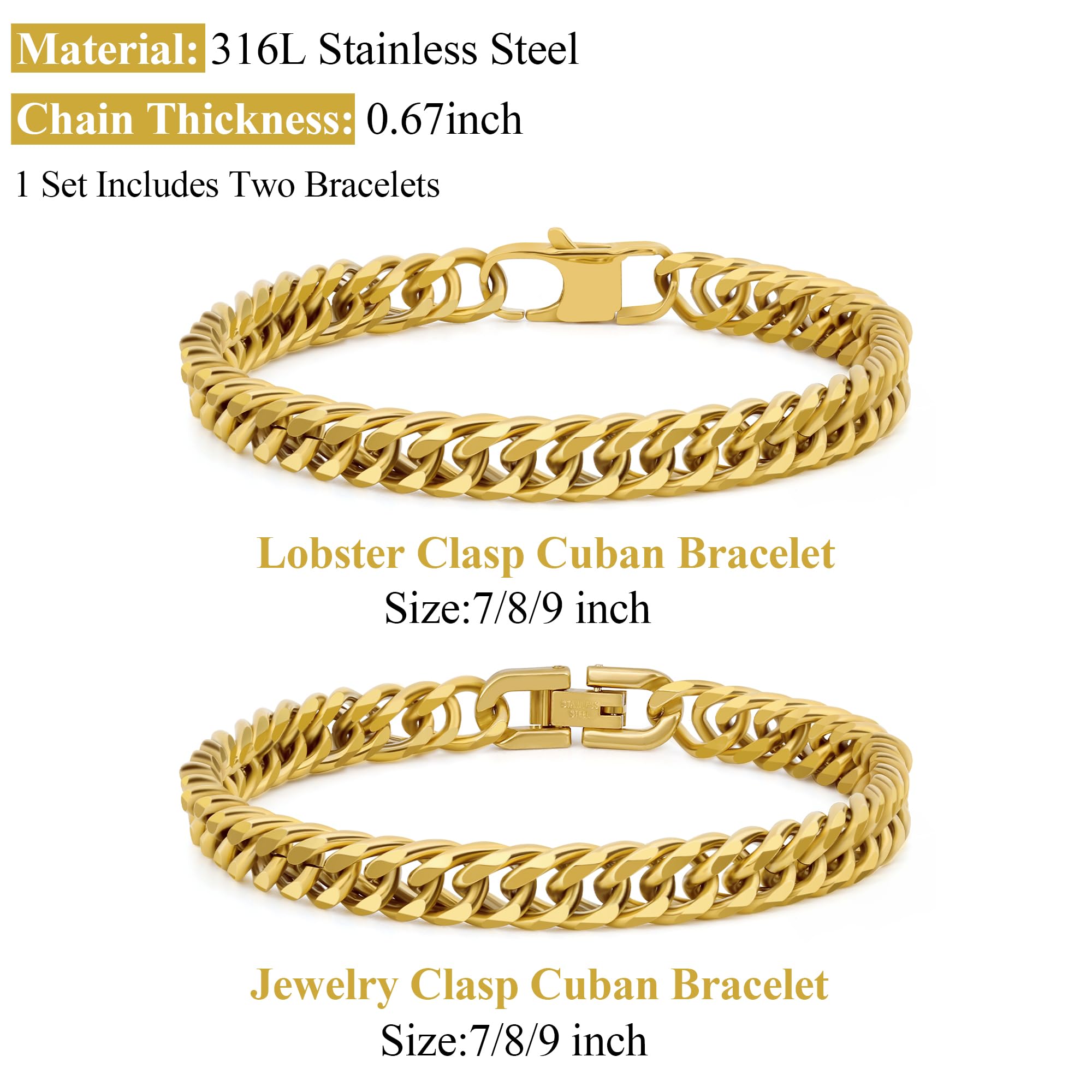 Juego de 2 pulseras de eslabones cubanos, plata y oro negro, cadena de eslabones cubanos resistentes de acero inoxidable 316L para hombre, con tarjeta de mensaje de regalo, 8 mm, 7/8/9