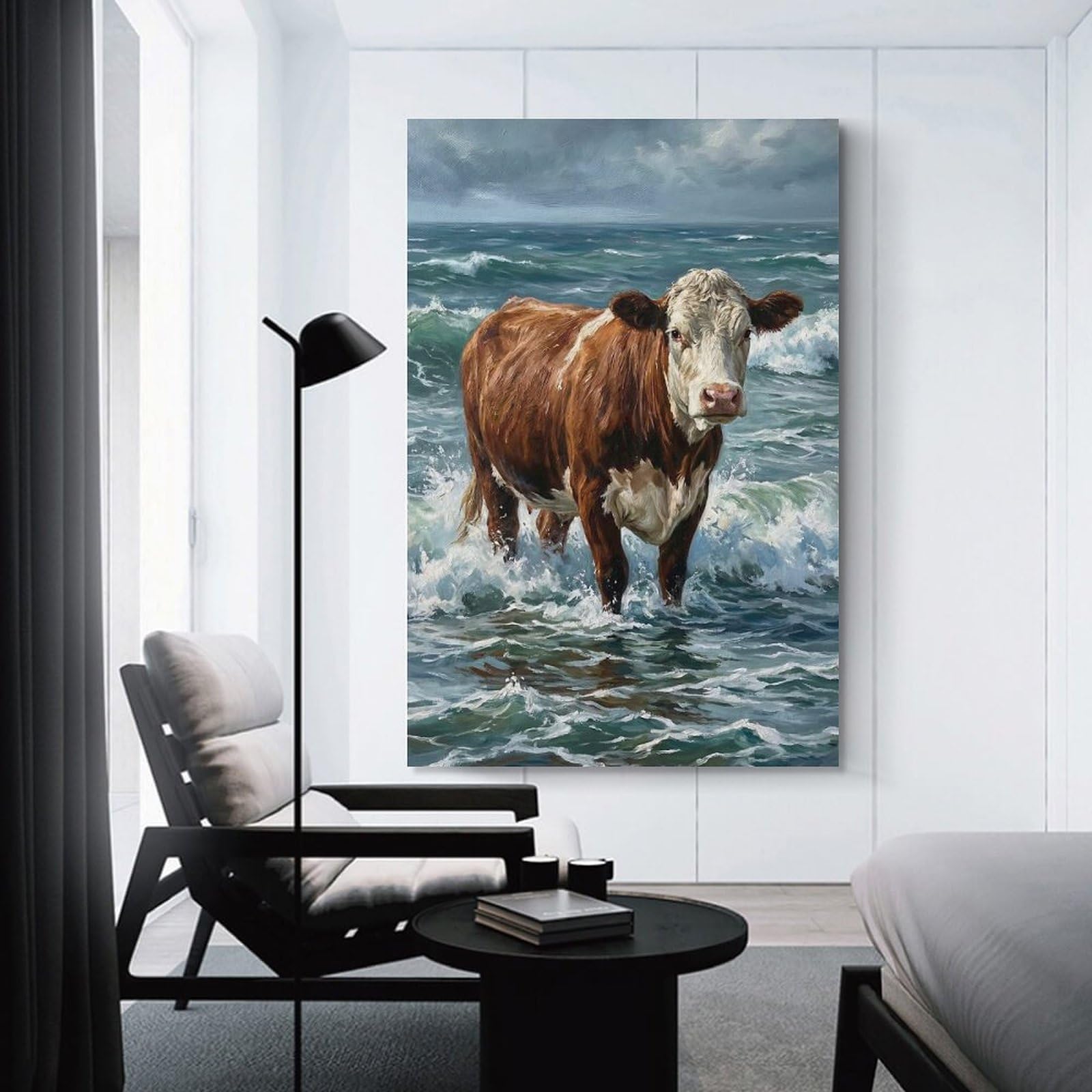 Junmoney Cow in The Ocean Painting Canvas Wall Decor, 20x30inch(50x75cm), for Office, Study Or Home Workspace, Wall Art That Adds Style to Work Areas