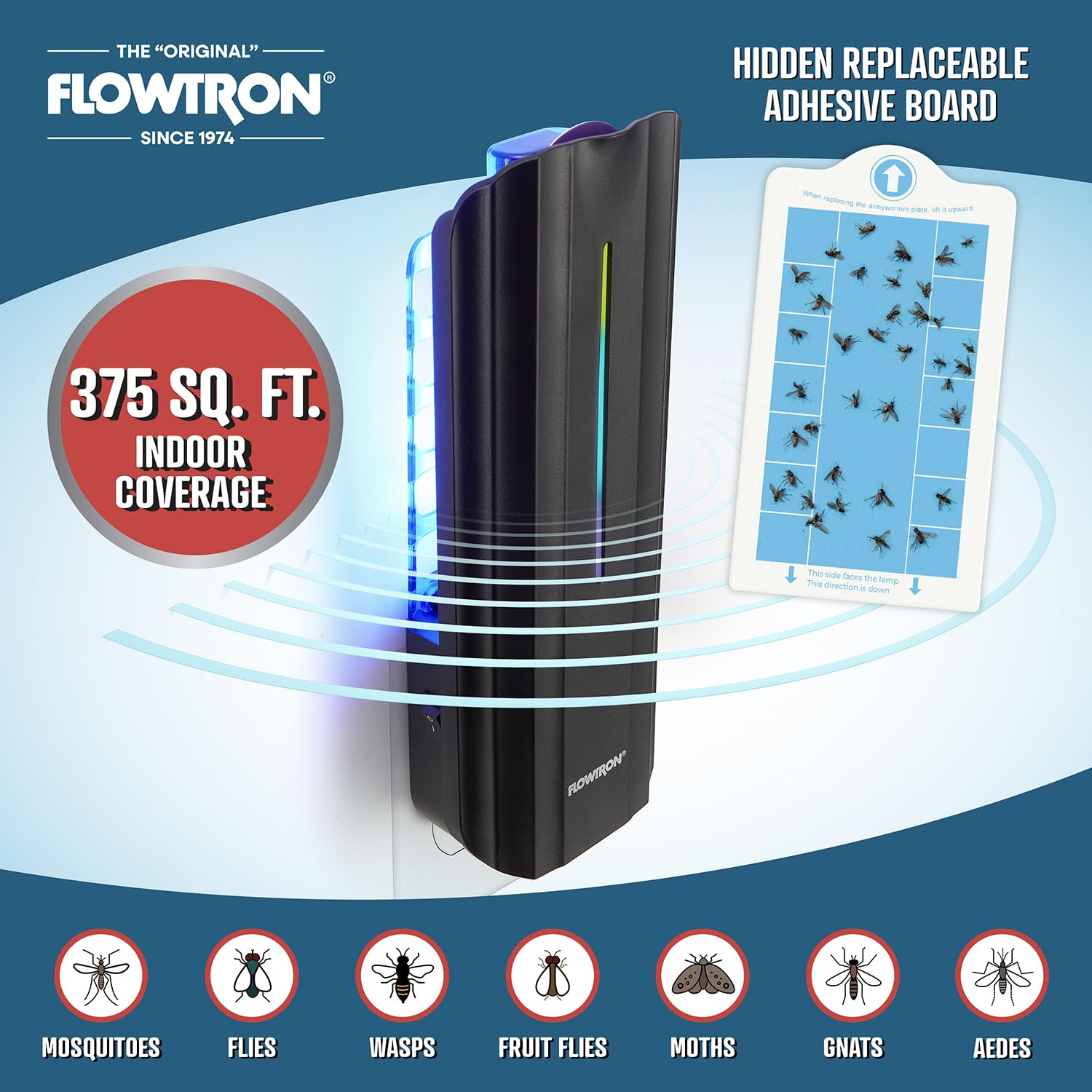 Flowtron Fliegenfalle für den Innenbereich, 9W UV-Licht Elektrische Insektenfalle mit Klebebrett - Stille Mücke, Mücken & Fruchtfliegenfänger, 375 m² Abdeckung (Schwarz)