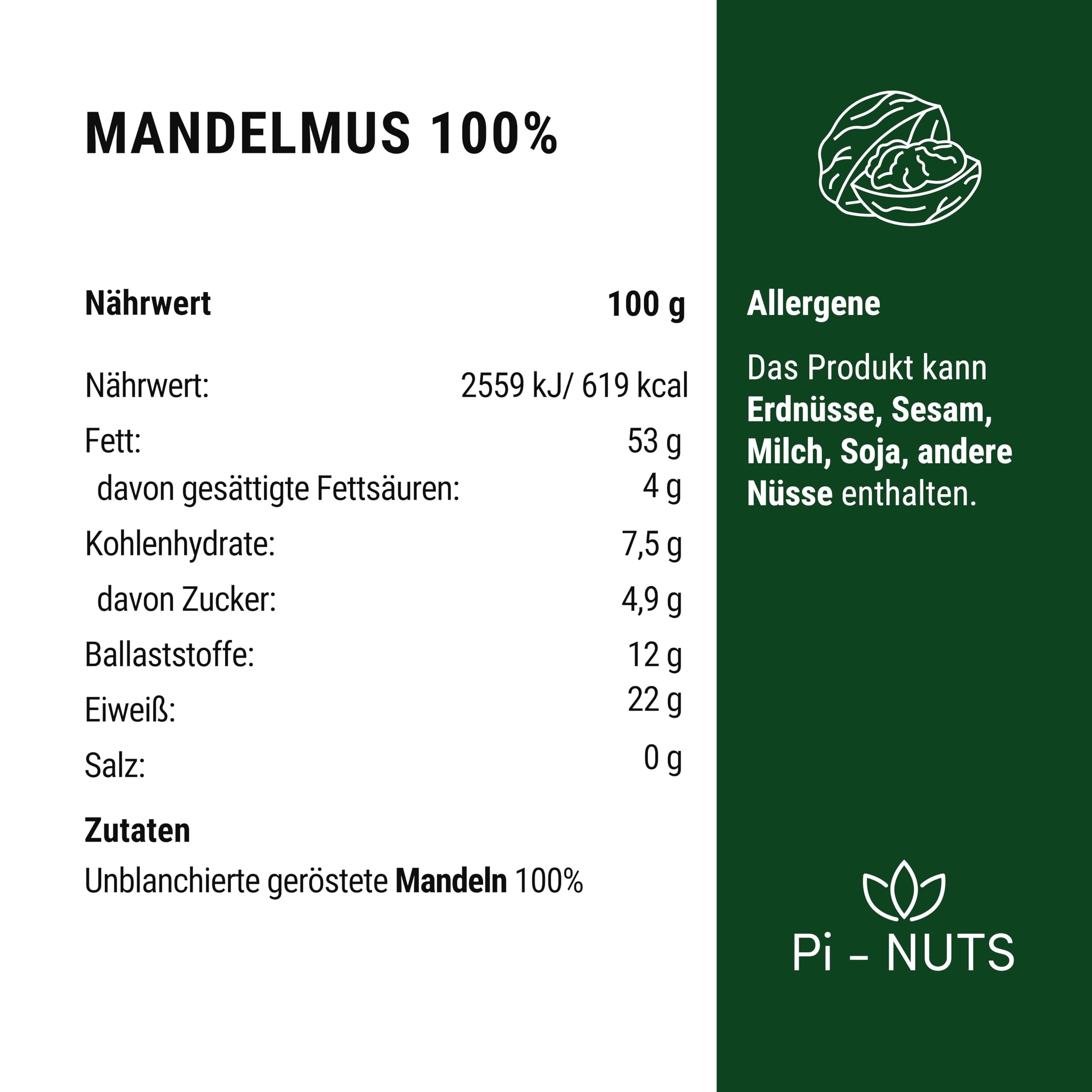 Pi-nuts Mandelpaste 100% - ohne Zusatzstoffe, Konservierungsmittel - ‎Mandelcreme aus gerösteten und geschälten Mandeln - Mandelmus Zum Backen, Desserts und Frühstück - 1 kg