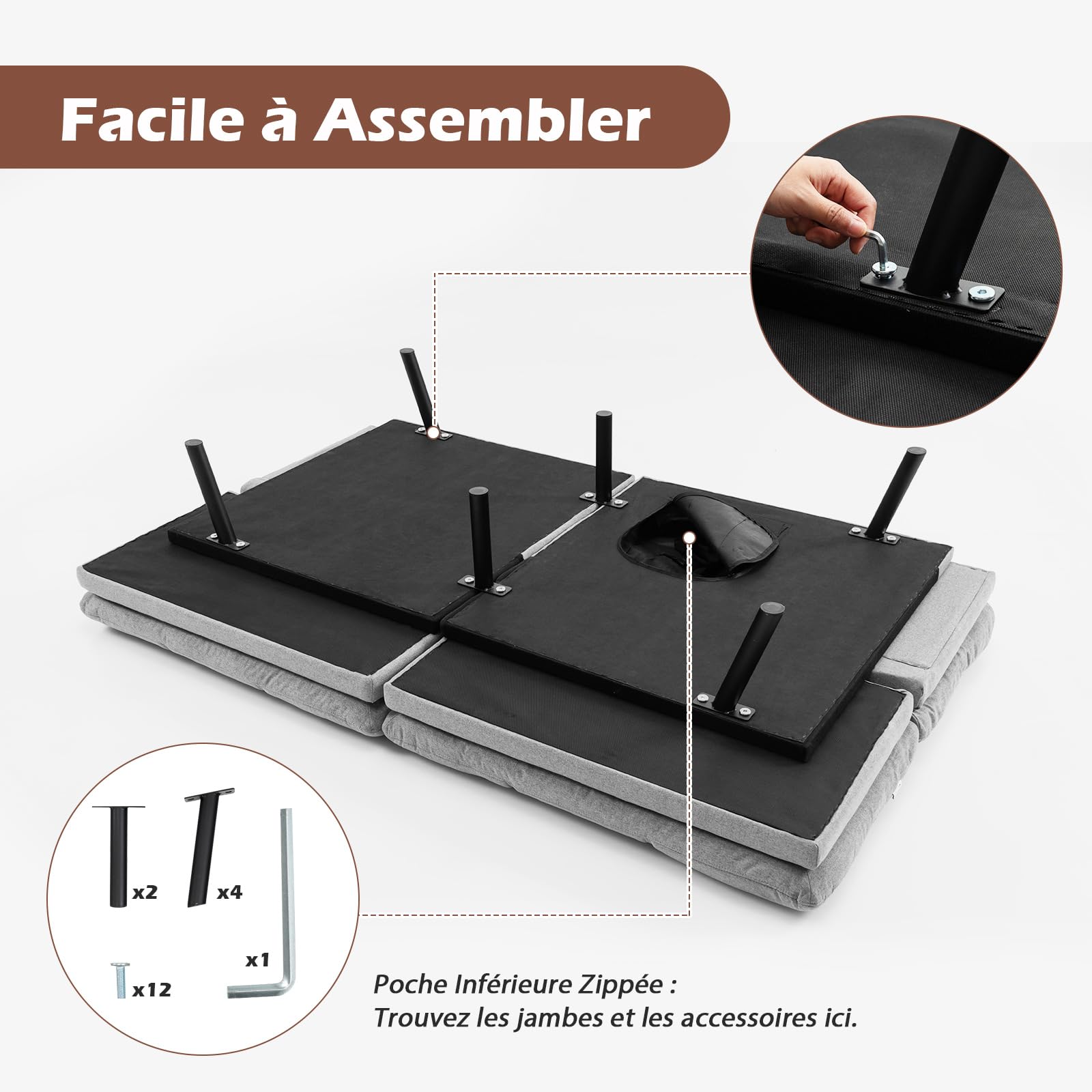 COSTWAY Canapé-Lit Convertible 5 en 1 avec Dossier et Accoudoirs Réglables, Canapé Futon 3 Places en Mousse à Mémoire, Pieds Métalliques, pour Petits Appartements, Salon, Bureau, Charge 273 kg (Gris)