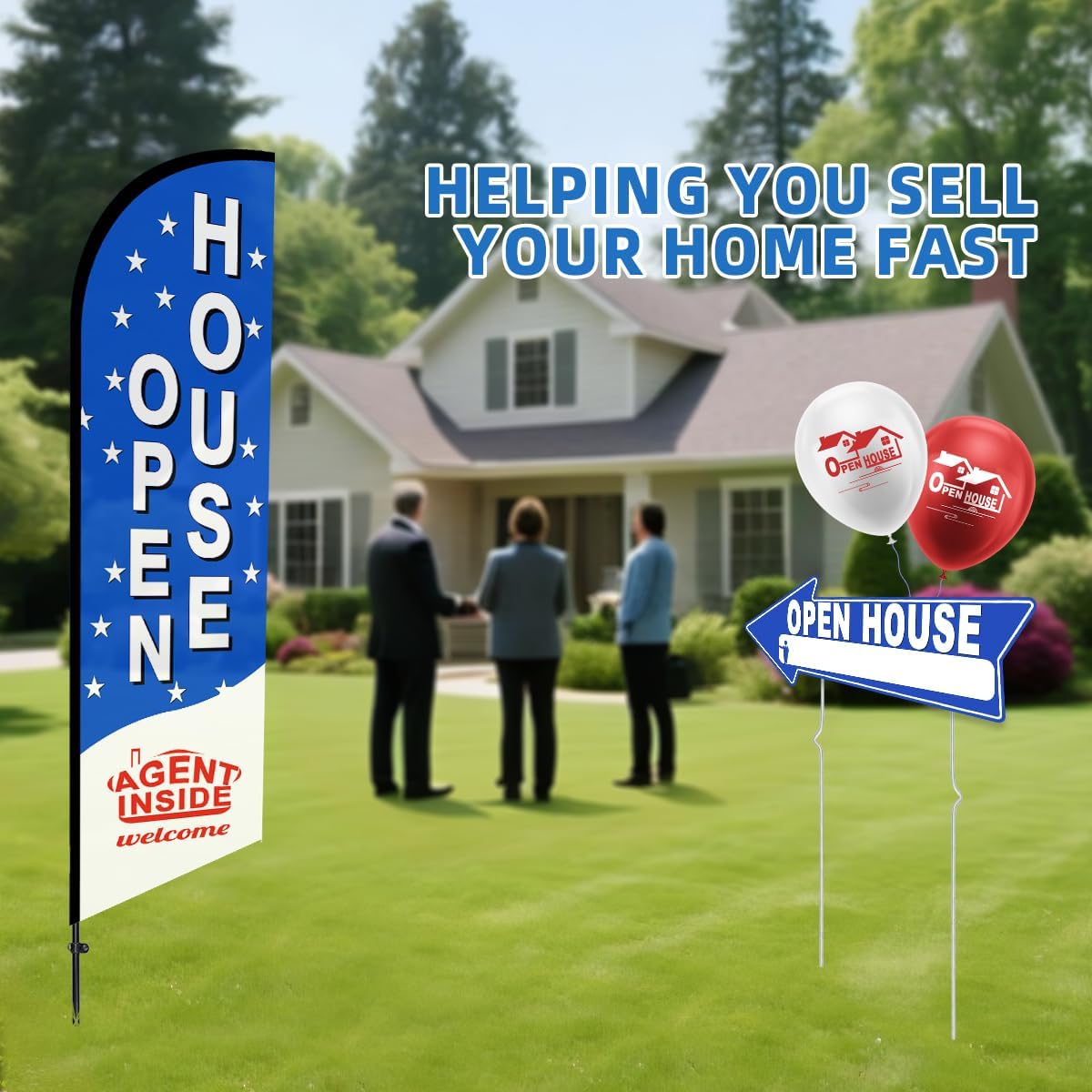 56 Piece Open House Signs for Real Estate Kit, 1 Open House Flag, 9 Double-Sided Estate Sale Arrows and Signs with Metal Stakes, Plus 24 Balloons, Suitable for Real Estate Brokerage Supplies (blue)