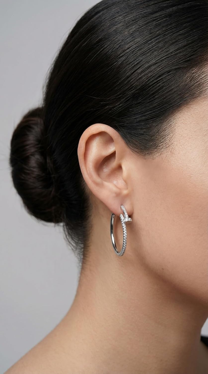 Silver Plated Pavé CZ Nail Hoop Earrings for Women – Sparkling Crystal Open Hoop Statement Jewelry