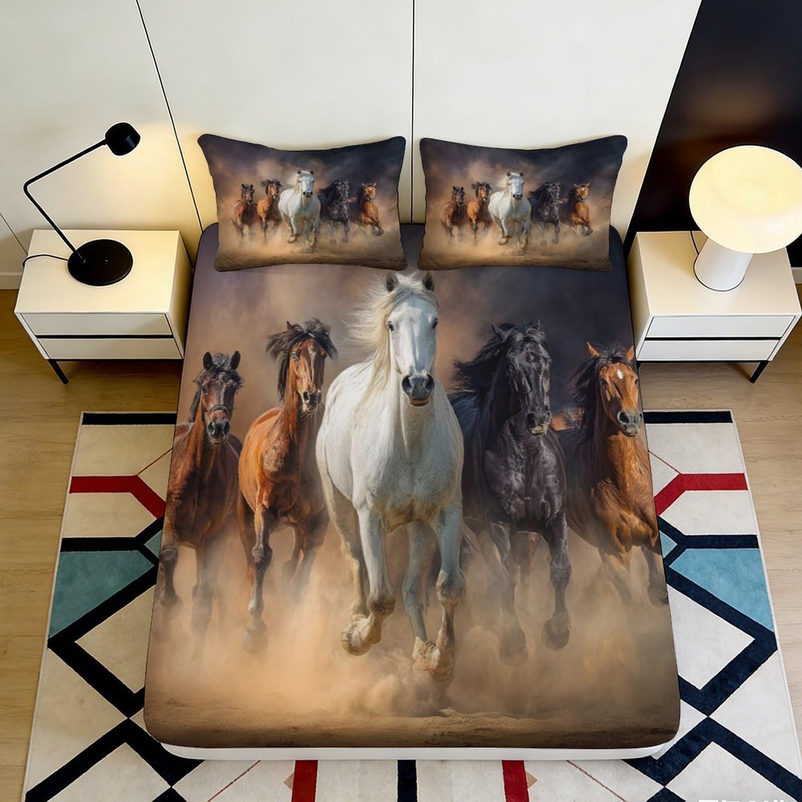 3D Printed Running Horses Fitted Sheet Microfiber Soft Durable 3D Printed Galloping Horses Mattress Cover for Bedroom Dormitory Guest Room Protective Bedding 120x200x25cm