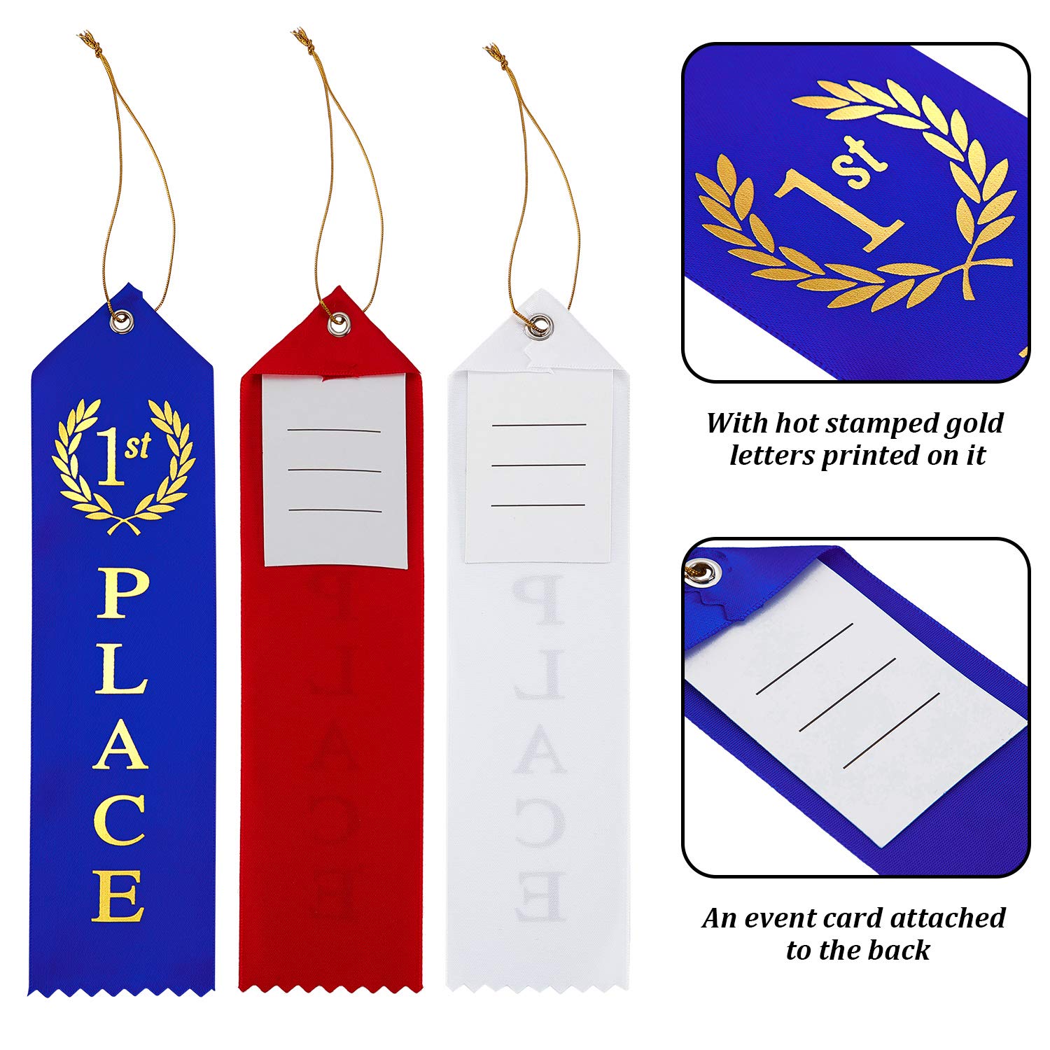 Condition photo showing New/Like New for 90 pieces award ribbons 1st, 2nd, 3rd place flat carded set first place prizes with event card and rope for competition, sports event, school, contests, blue red white