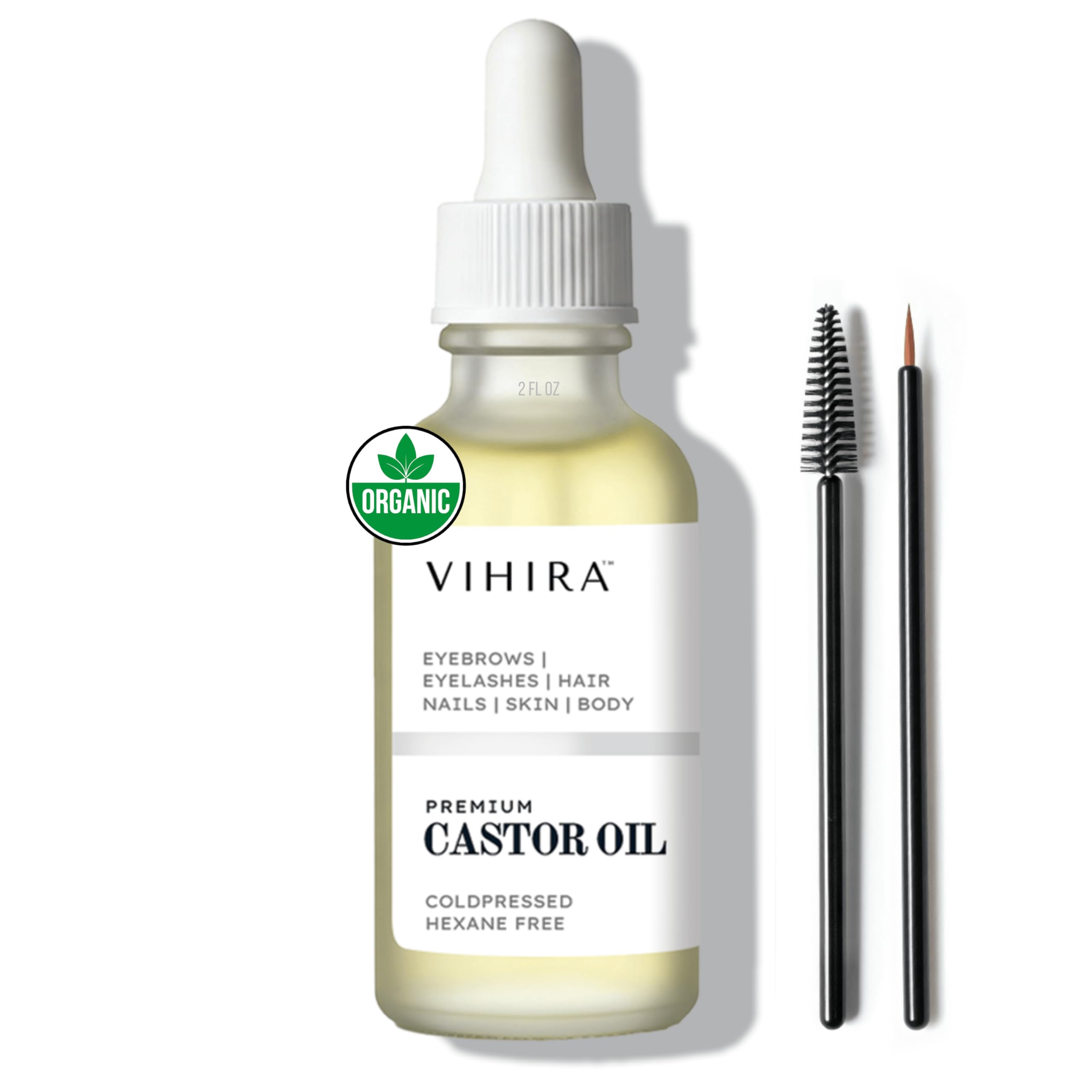 Vihira Premium Organic Castor Oil (2 Fl Oz), Cold Pressed, 100% Pure, Extra Virgin, Hexane Free, Castor Oil for Hair Growth, Eyelash, Eyebrow, Cuticles, Nails, Skin, Belly Button, Muscle & Wellness.