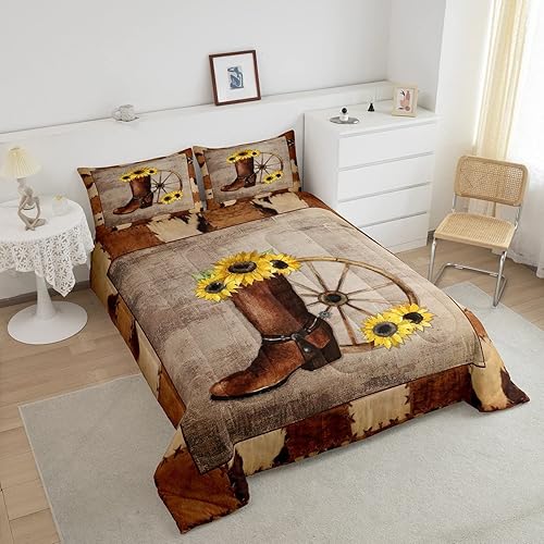 Miniatura 3 de Erosebridal Juego de edredón de vaquero, tamaño King, juego de ropa de cama retro con botas vaqueras, girasol, granja, piel de vaca, edredón de