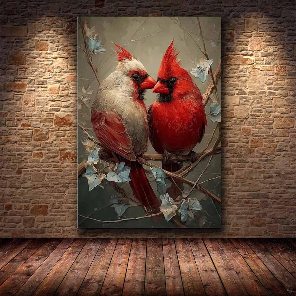 QUSAAOU Nowoczesny Animal Canvas Romantyczna para kardynałów na gałęzi, zwierzęta, portret, sztuka ścienna, do dekoracji, salonu, sypialni, łazienki, biura domowego (czerwony) - 70 x 100 cm, 1